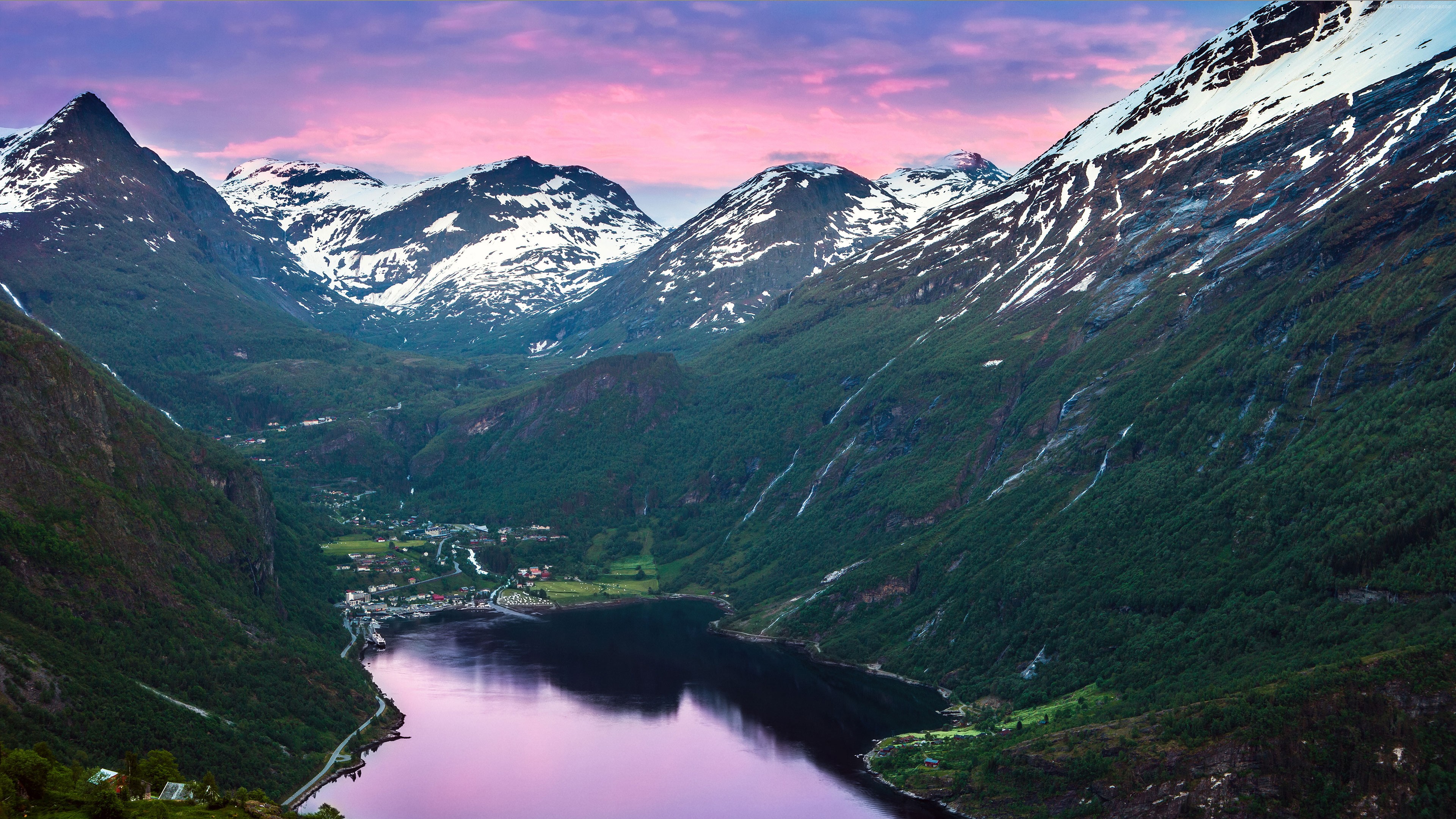 Fjord and snow-capped mountains in Norway HD Wallpaper