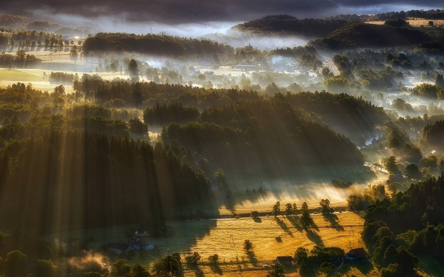 Sun rays through mist over forest and fields HD Wallpaper