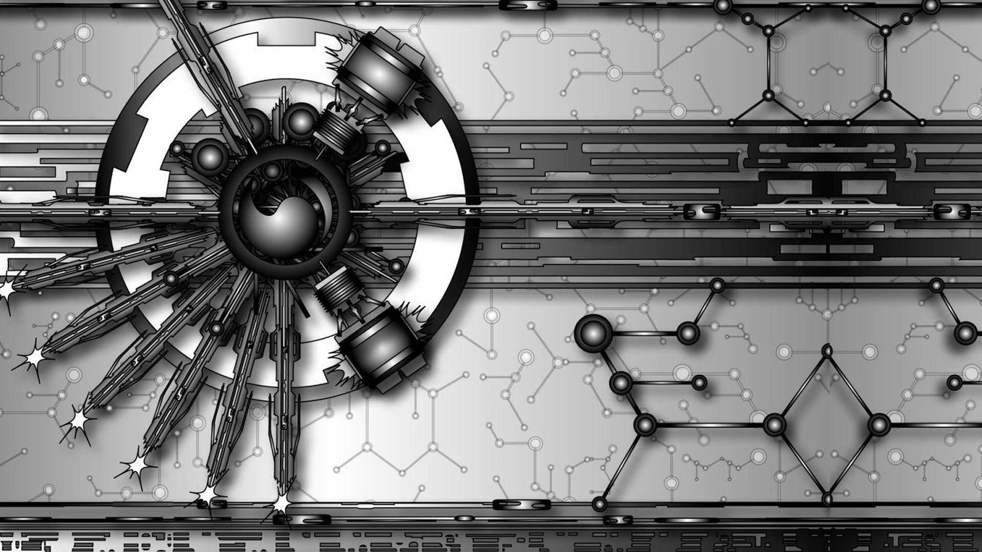 Monochrome abstract mechanical render with circuit board pattern HD Wallpaper