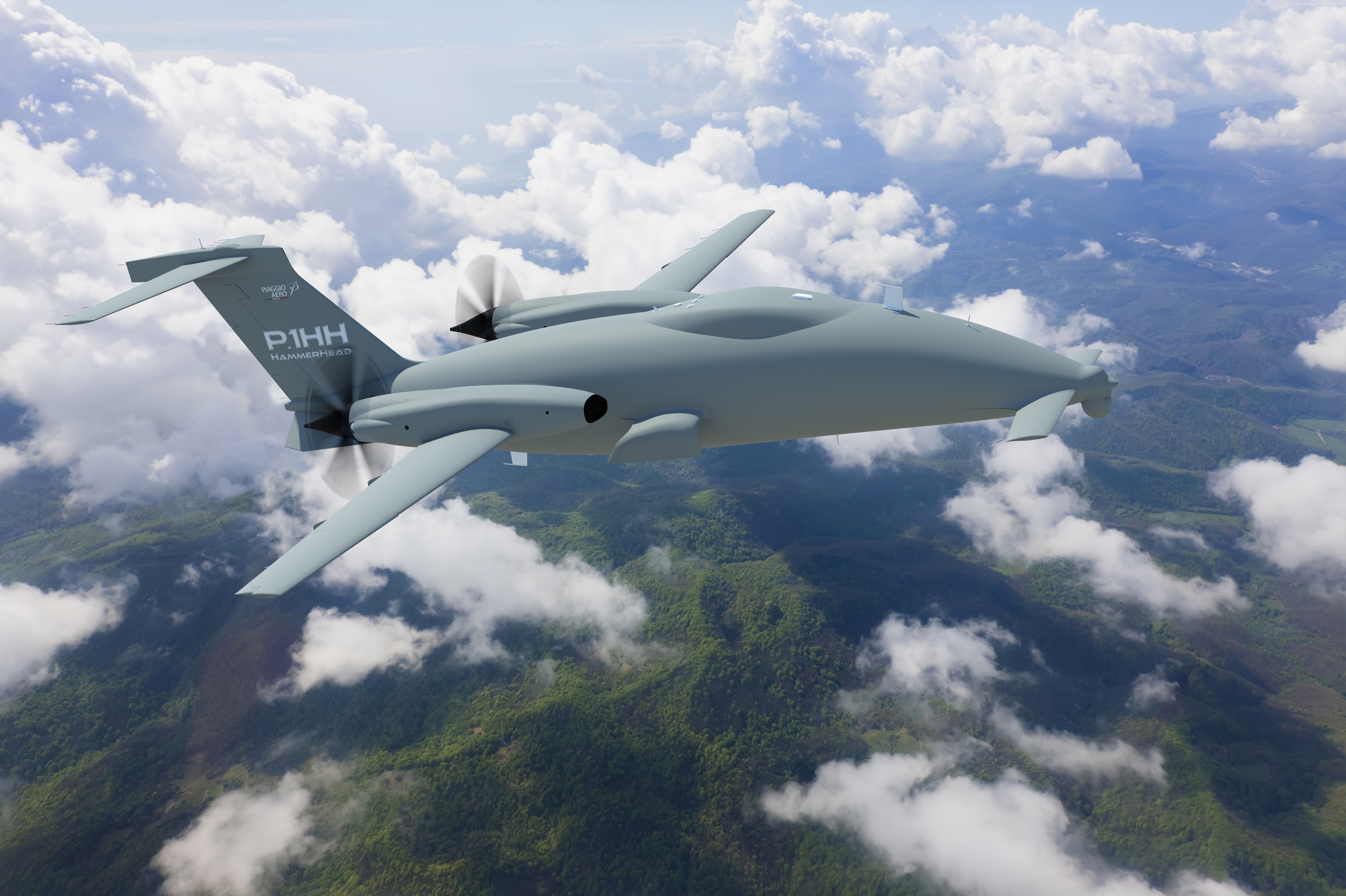 Piaggio P.1HH Hammerhead drone flying over mountains HD Wallpaper