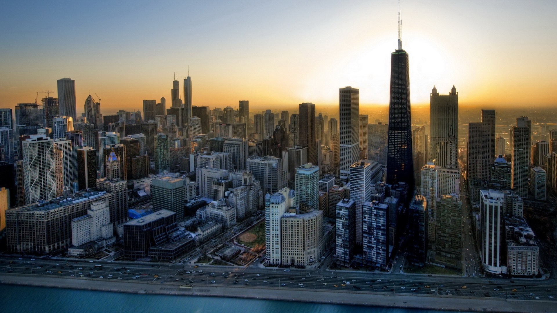 Chicago cityscape at sunset with John Hancock Center HD Wallpaper