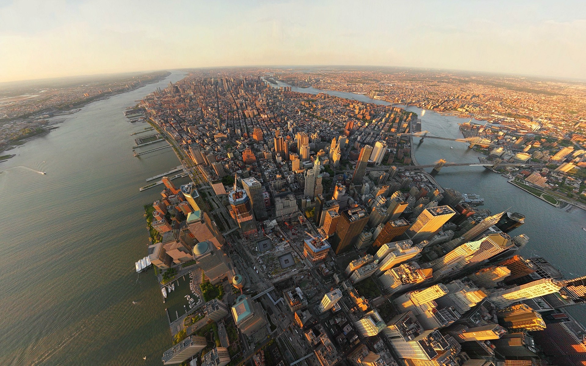 Aerial view of Manhattan, New York City skyline at sunset HD Wallpaper