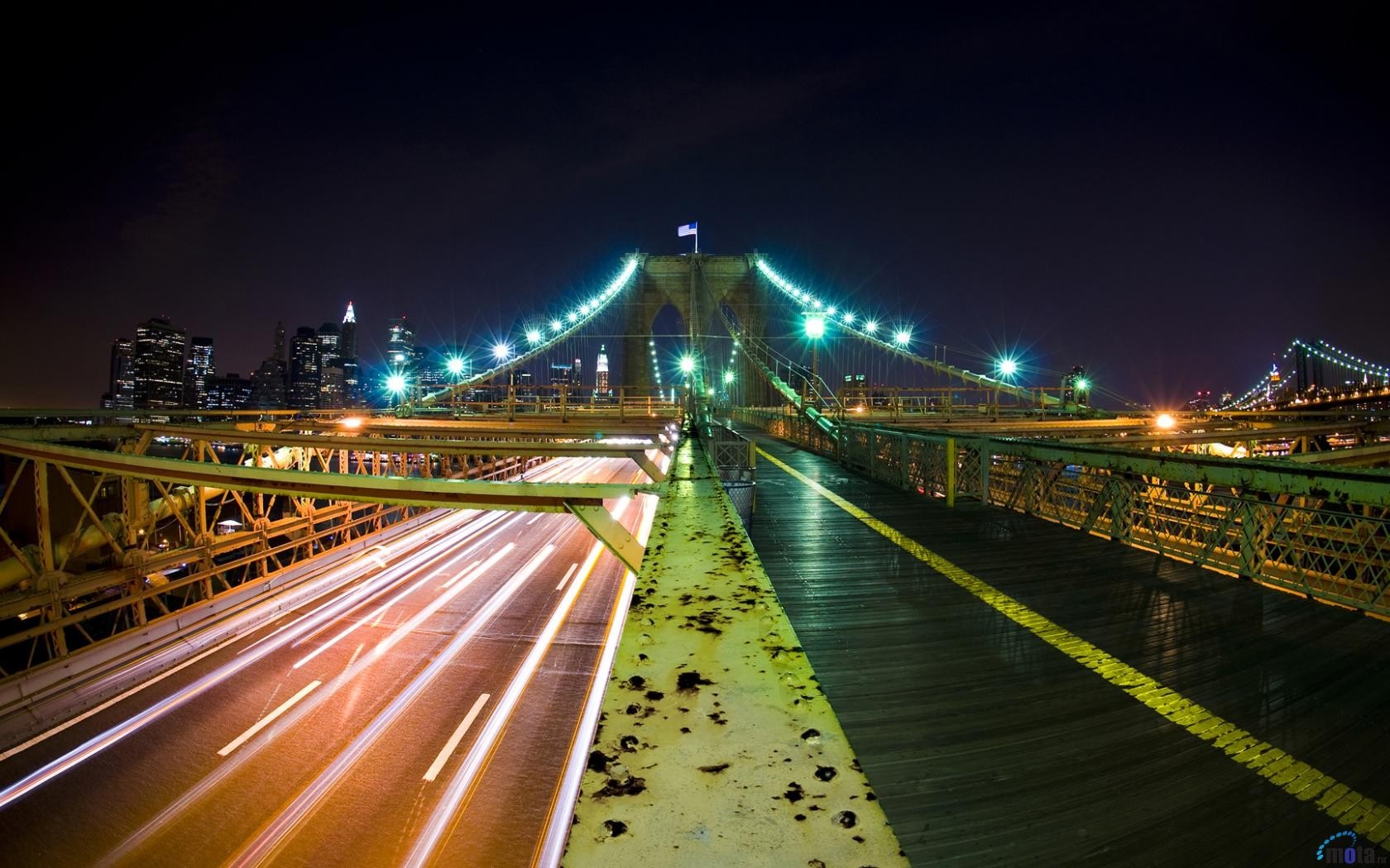 Brooklyn Bridge at Night with Light Trails and NYC Skyline HD Wallpaper