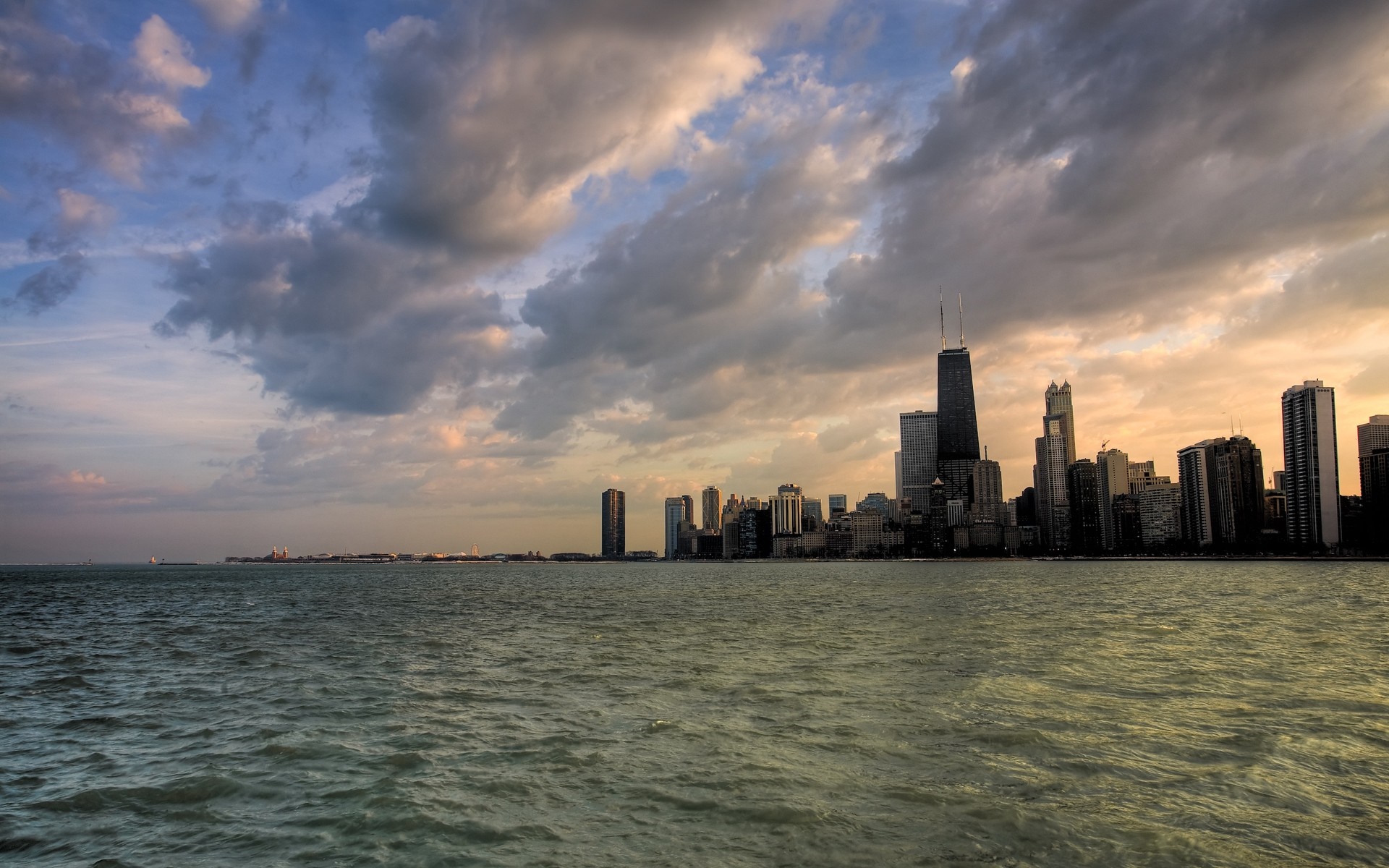 Chicago skyline at sunset over Lake Michigan HD Wallpaper