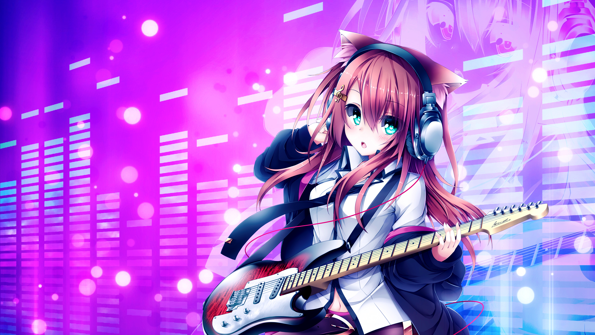 Anime girl with cat ears playing guitar HD Wallpaper