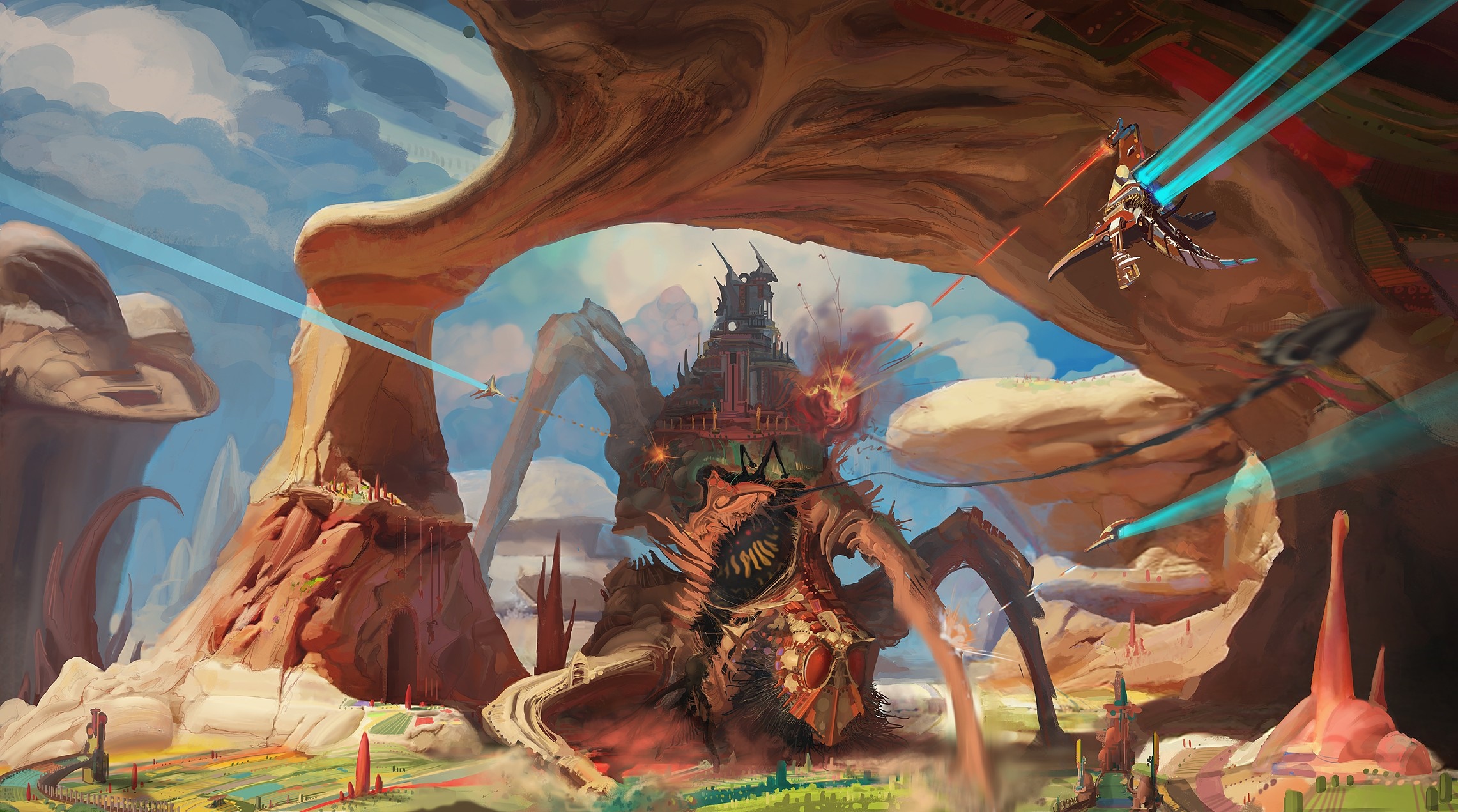 Fantasy art of a giant spider-like creature with a castle on its back HD Wallpaper