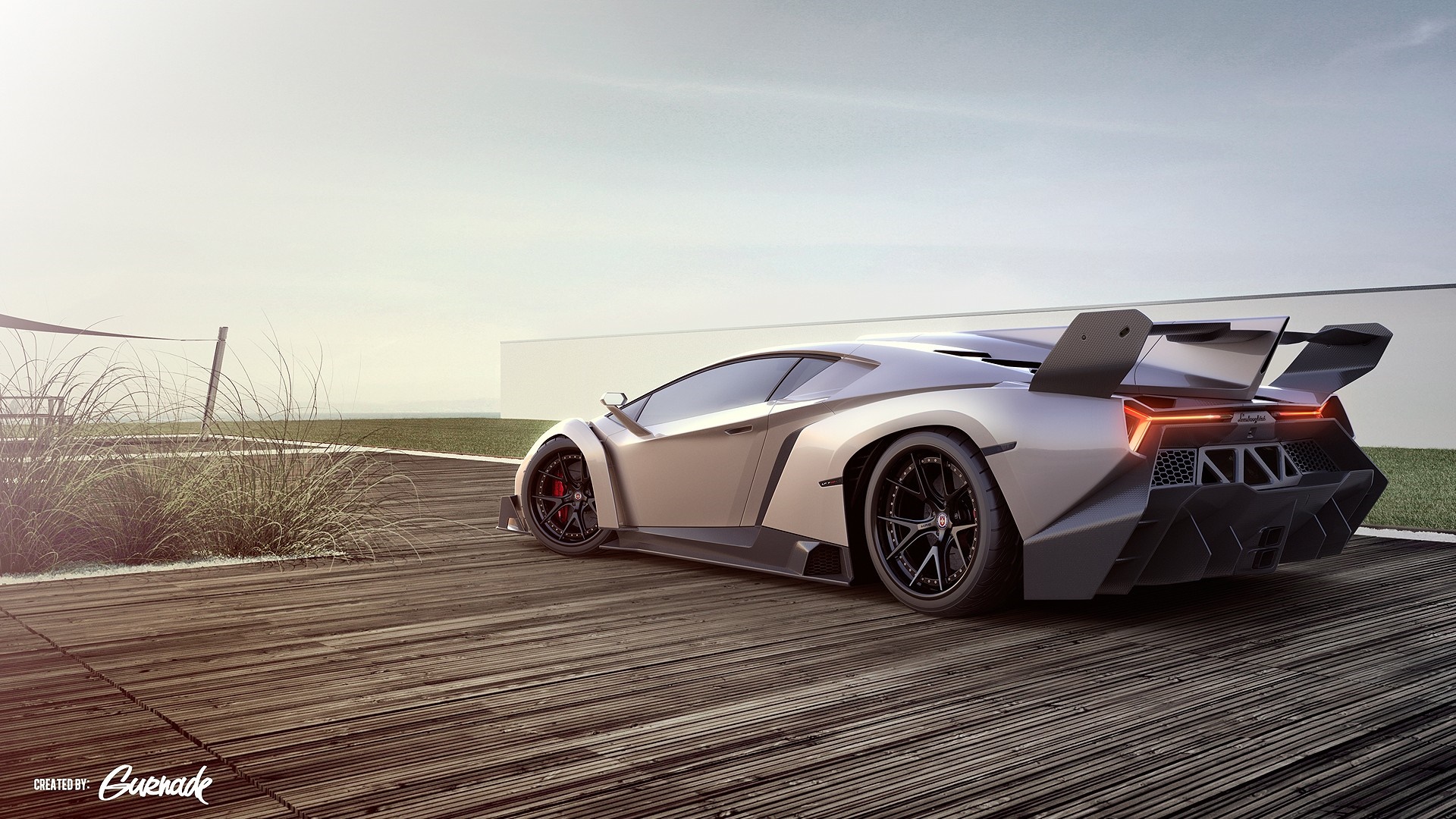 Lamborghini Veneno parked on a wooden deck HD Wallpaper