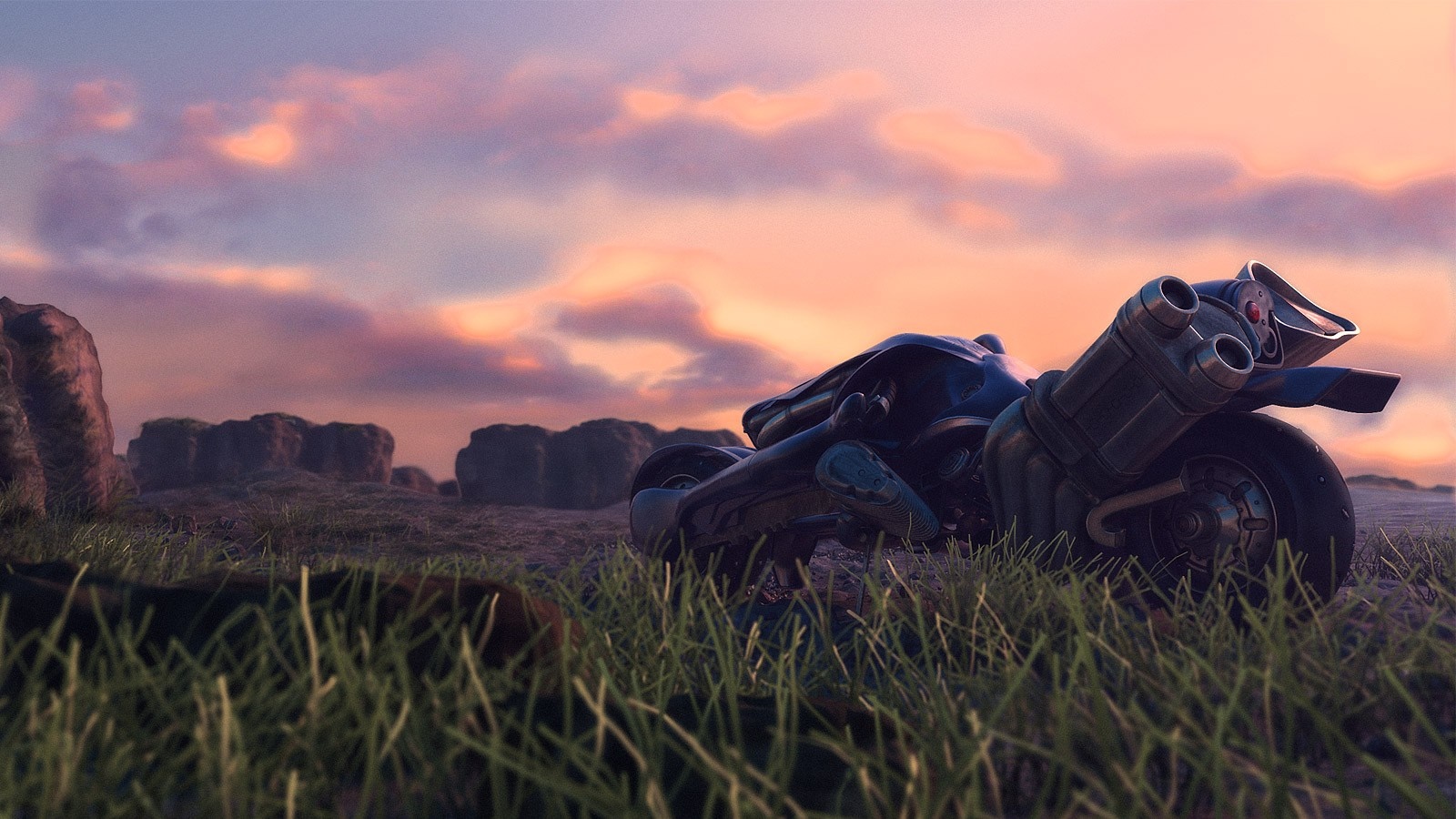 Motorcycle in a grassy landscape at sunset HD Wallpaper