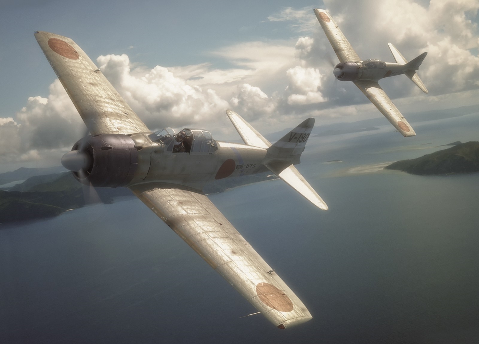 Two Japanese Zero fighter planes flying over water HD Wallpaper