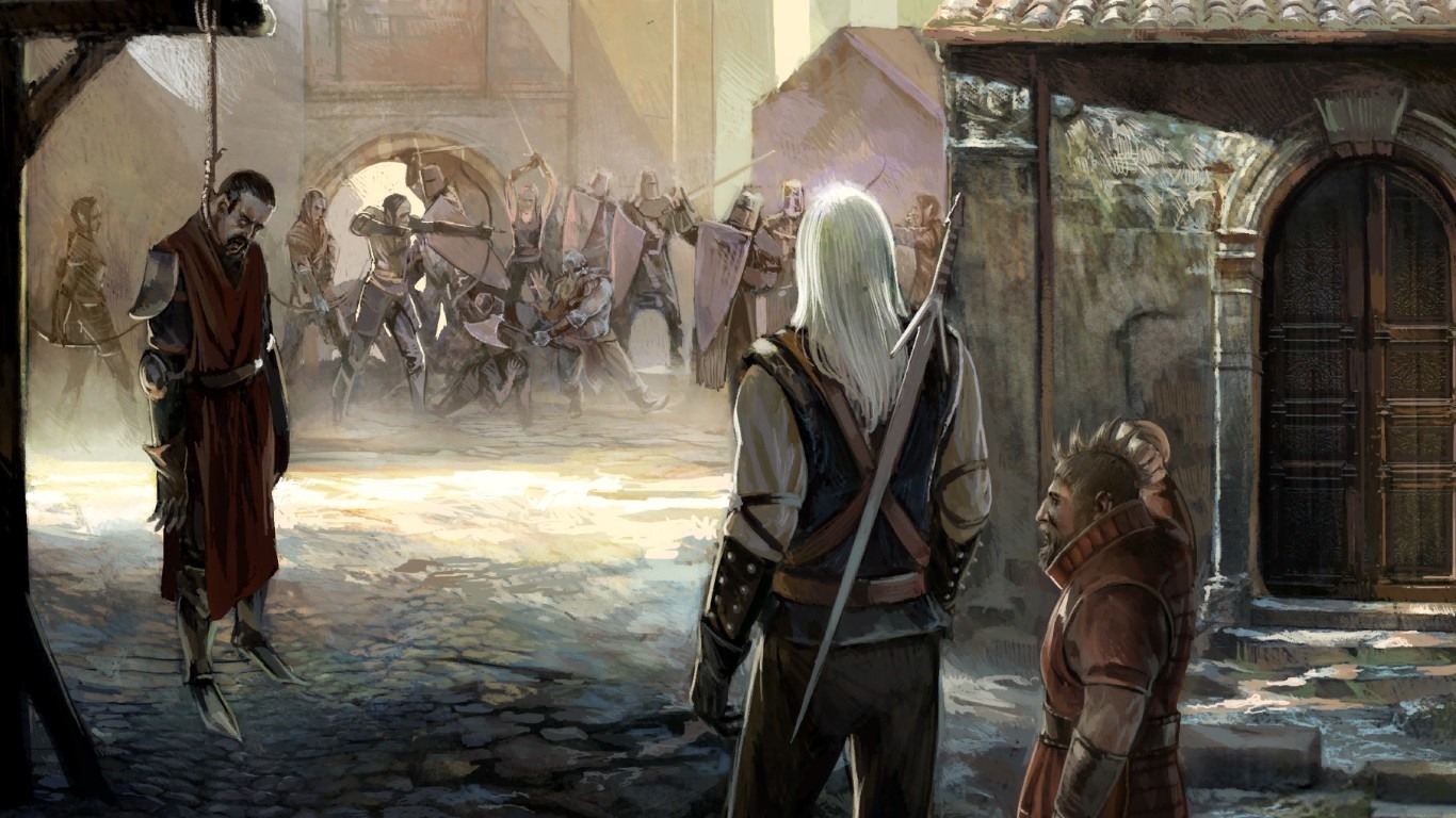 Geralt of Rivia from The Witcher in a medieval town square HD Wallpaper