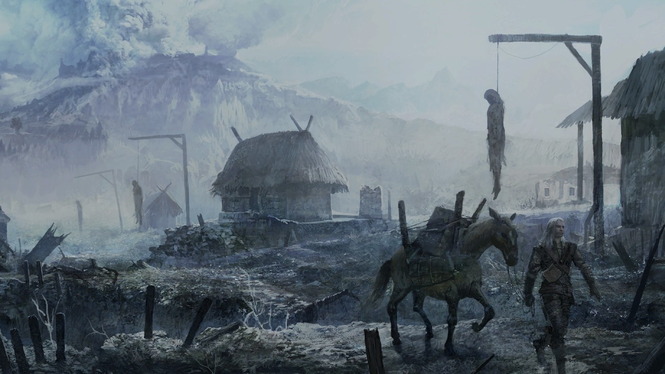 Geralt of Rivia from The Witcher in a desolate village HD Wallpaper