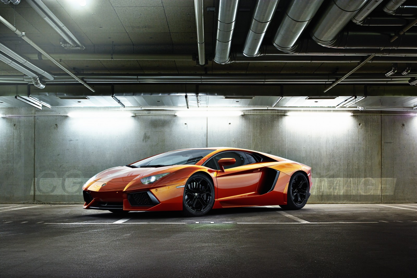 Orange Lamborghini Aventador parked in a garage HD Wallpaper
