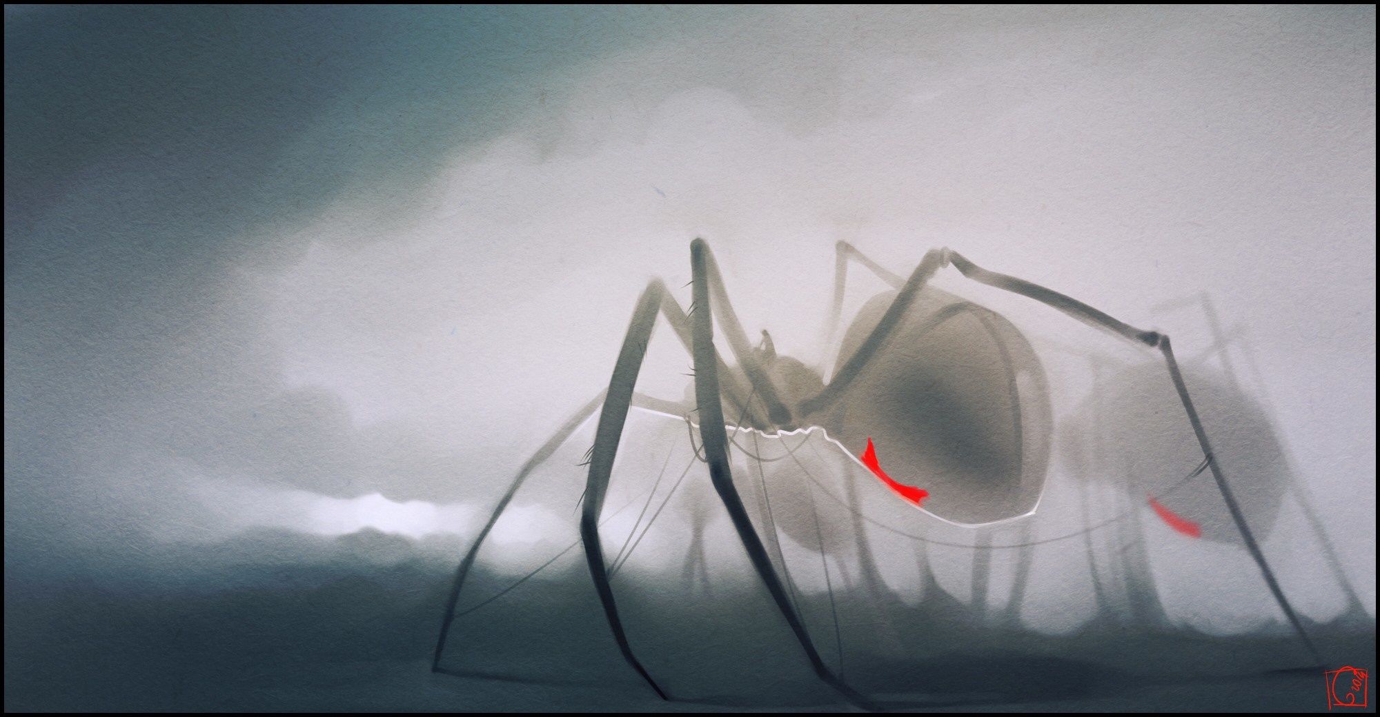 Drawing of a large spider with red markings HD Wallpaper