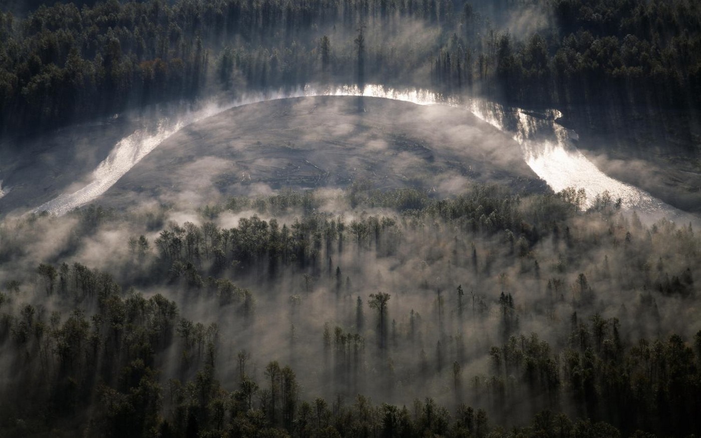 Aerial view of a misty forest with a sunlit river HD Wallpaper