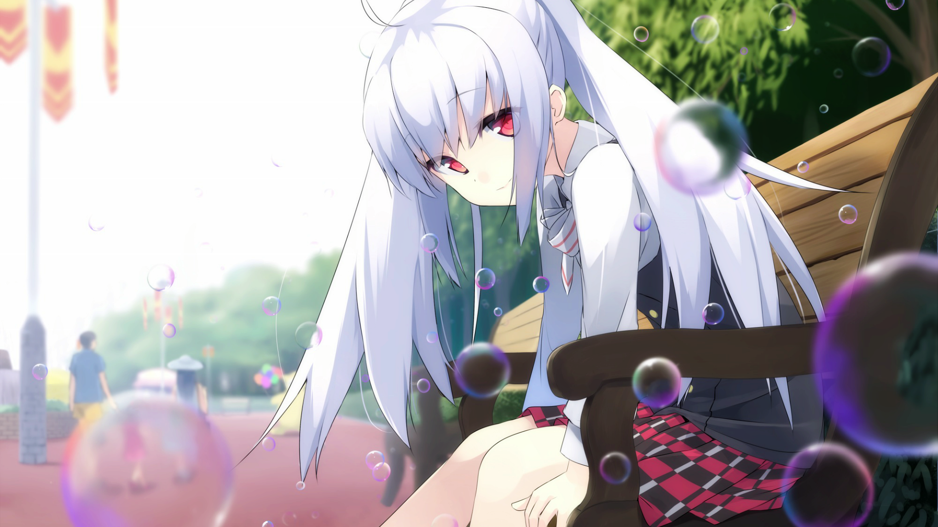 Isla from Plastic Memories sitting on a bench with bubbles HD Wallpaper