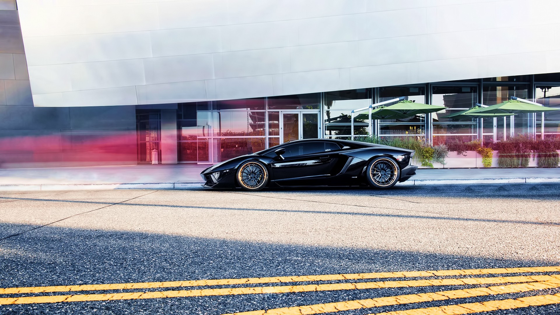 Black Lamborghini Aventador parked by modern building HD Wallpaper