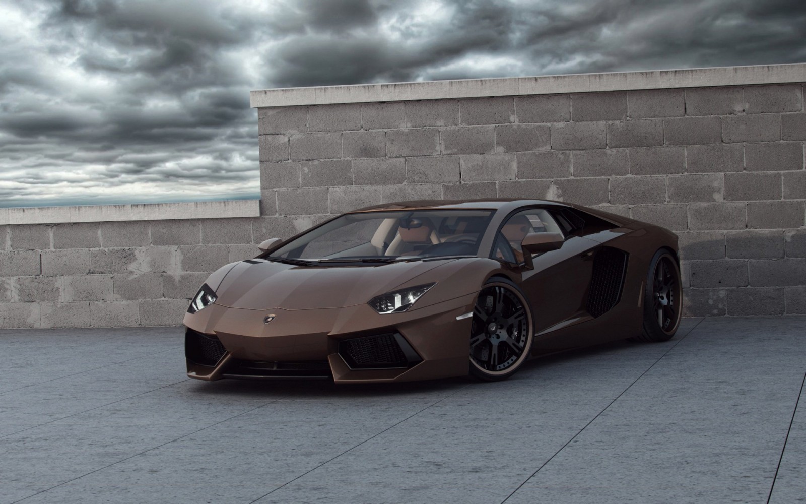 Brown Lamborghini Aventador parked near a brick wall HD Wallpaper