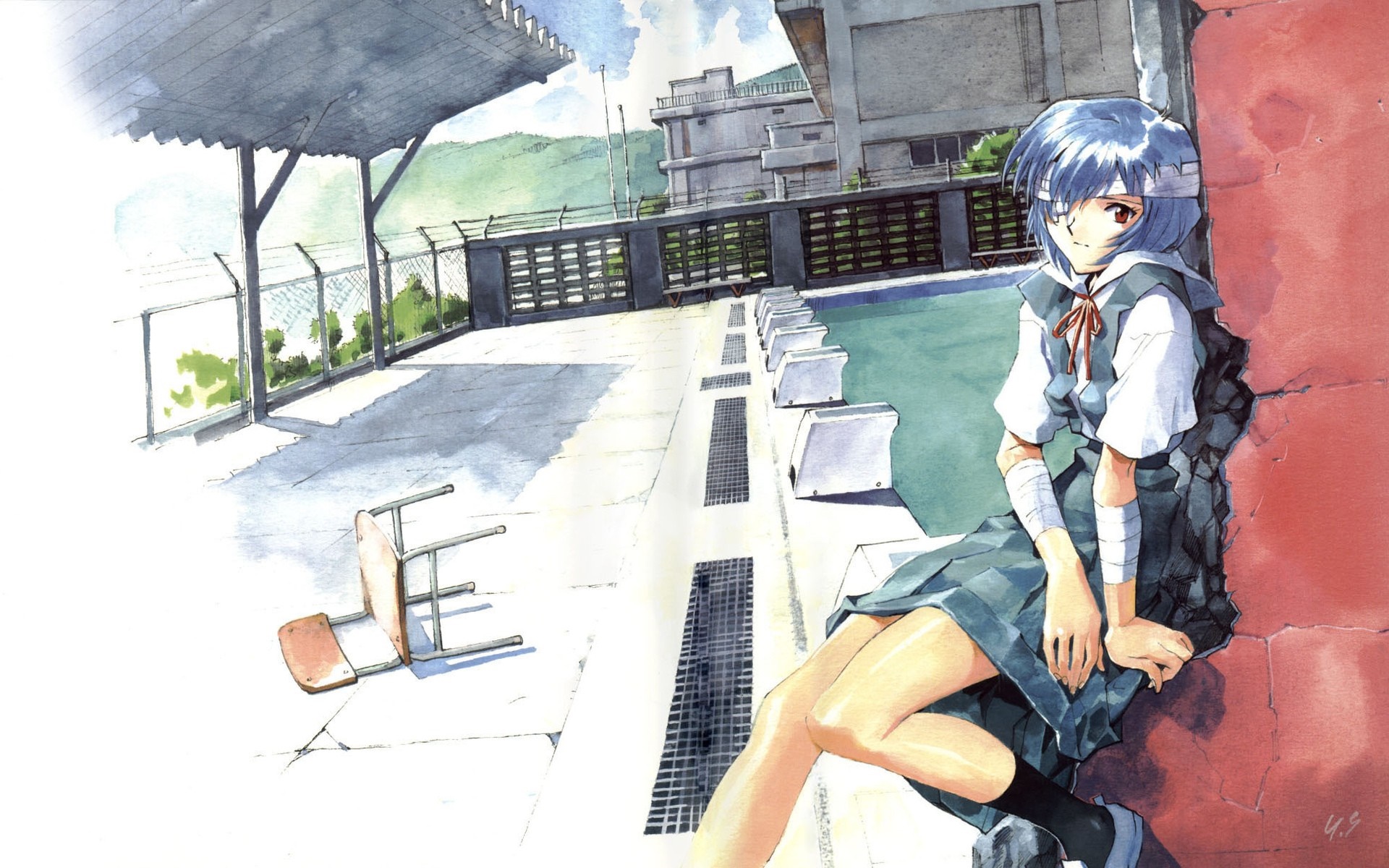 Rei Ayanami from Neon Genesis Evangelion sitting by a wall HD Wallpaper