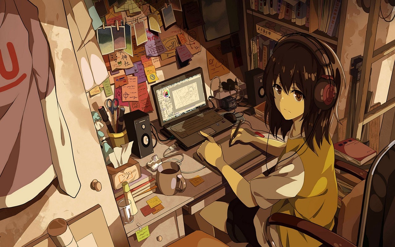 Anime girl working on a laptop with headphones HD Wallpaper