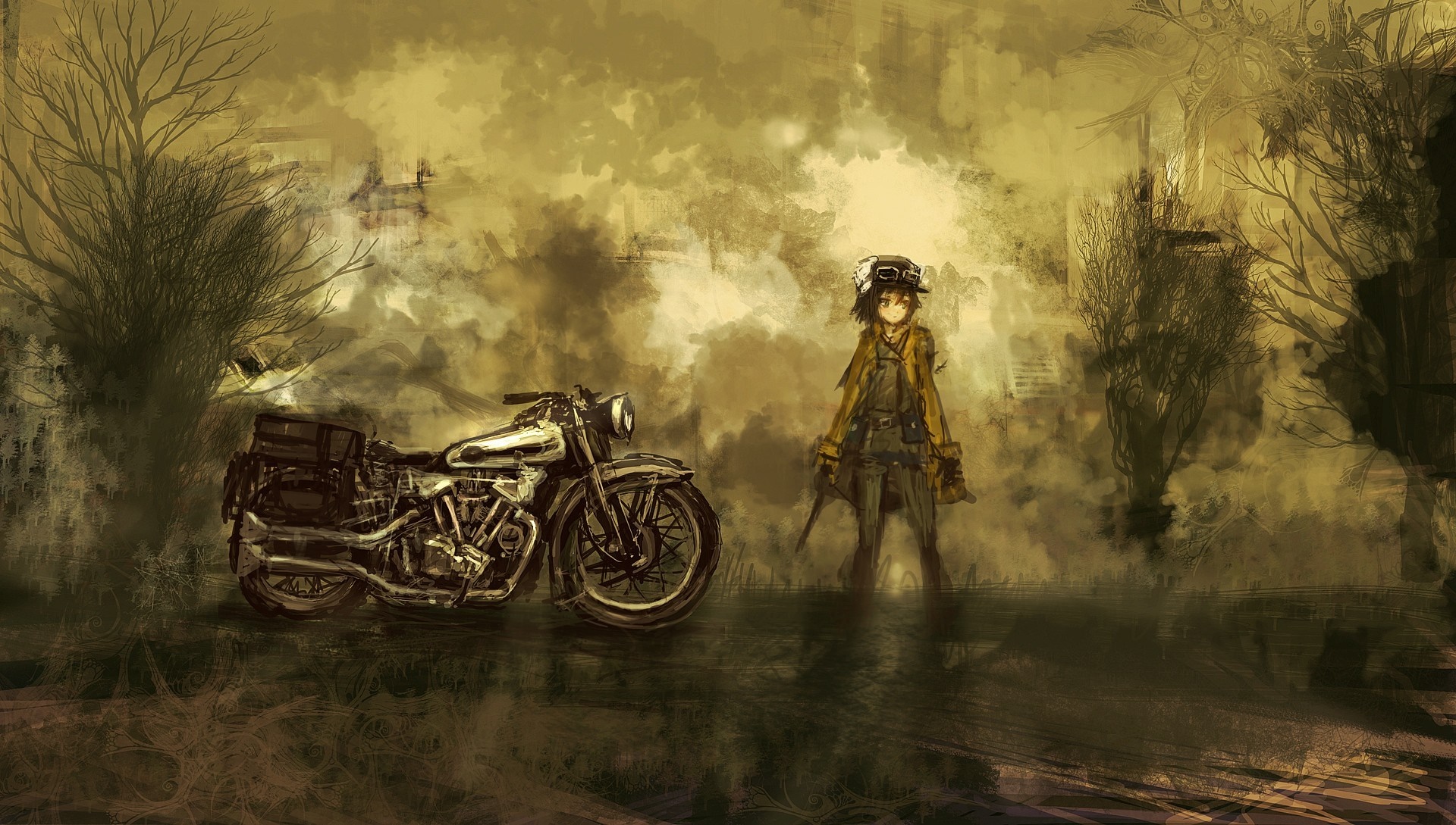 Kino's Journey: Girl with Motorcycle in Misty Landscape HD Wallpaper