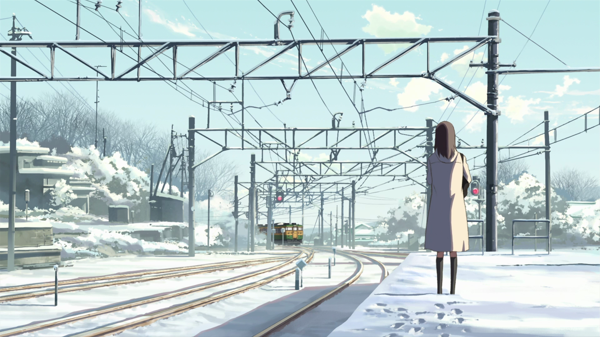 Anime girl waiting at a snowy train station HD Wallpaper