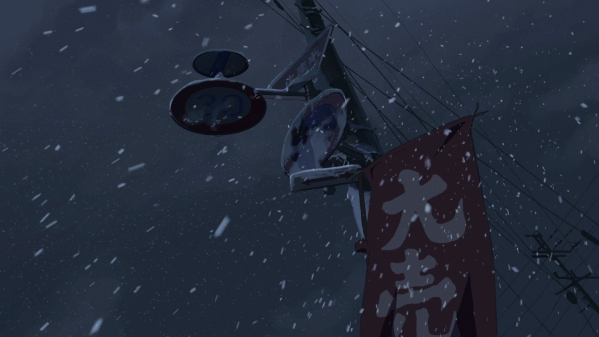 Anime screenshot of street signs in snow HD Wallpaper