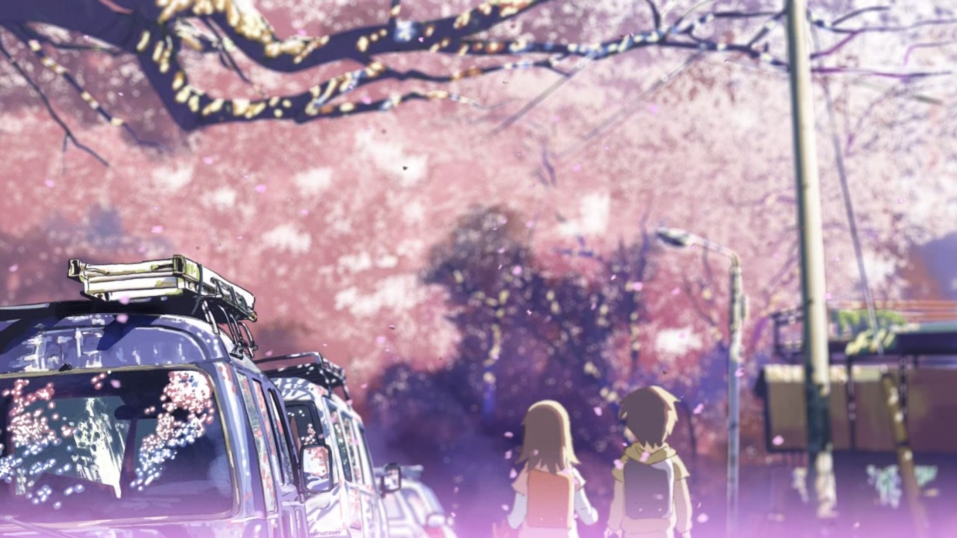 Two children walk past cars under cherry blossoms in 5 Centimeters Per Second HD Wallpaper