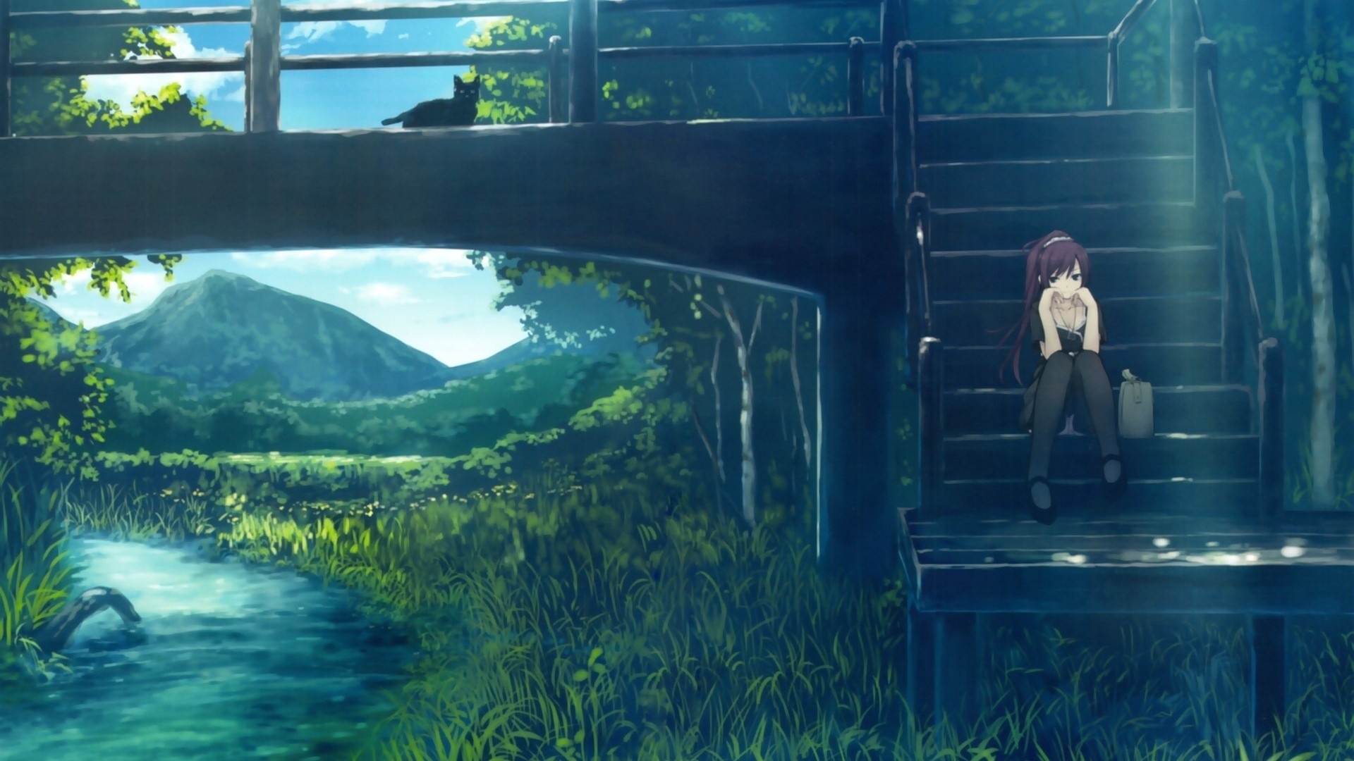 Anime scene with a girl on stairs and a cat on a bridge HD Wallpaper