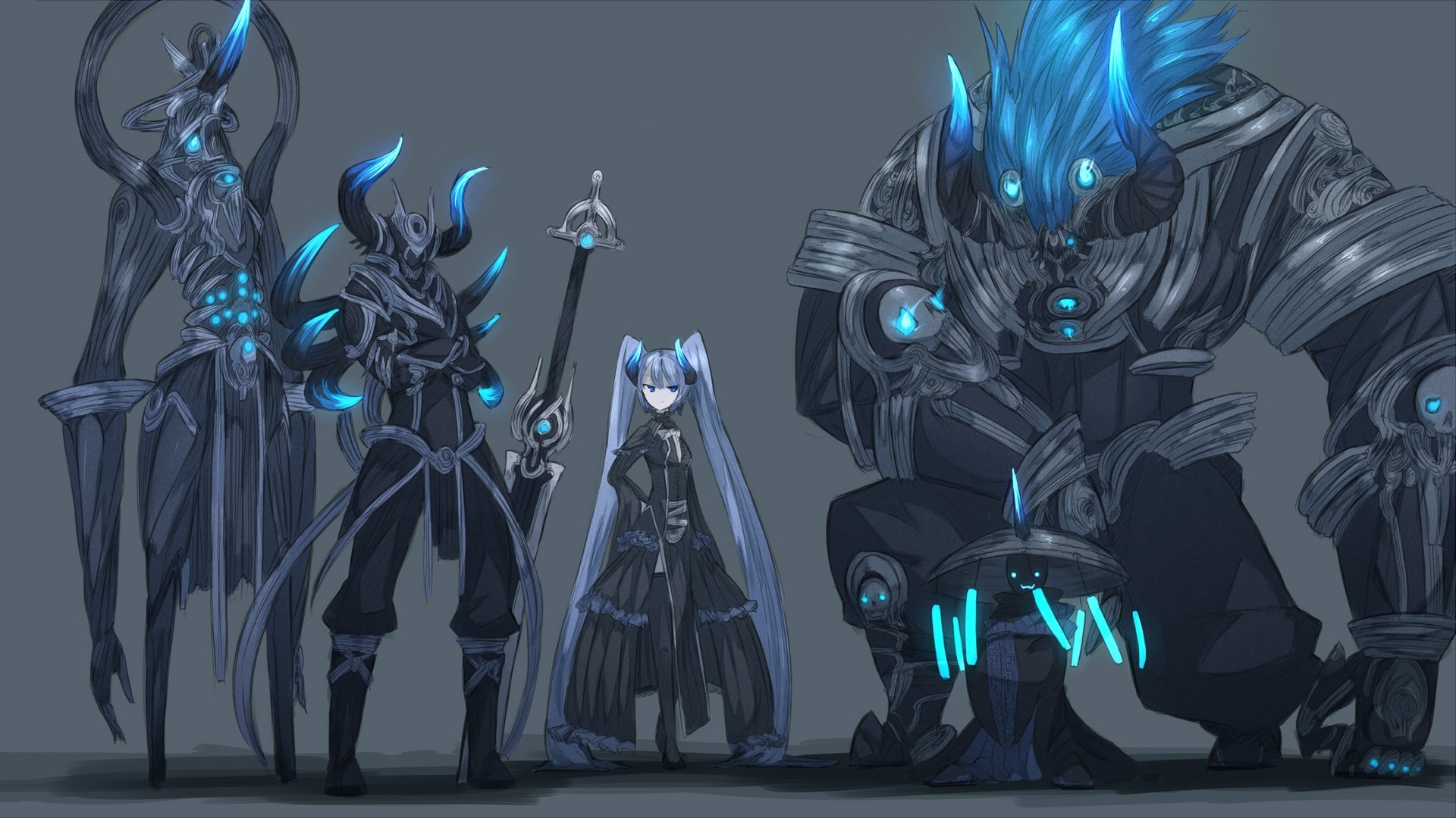 Fantasy characters with blue glowing accents HD Wallpaper
