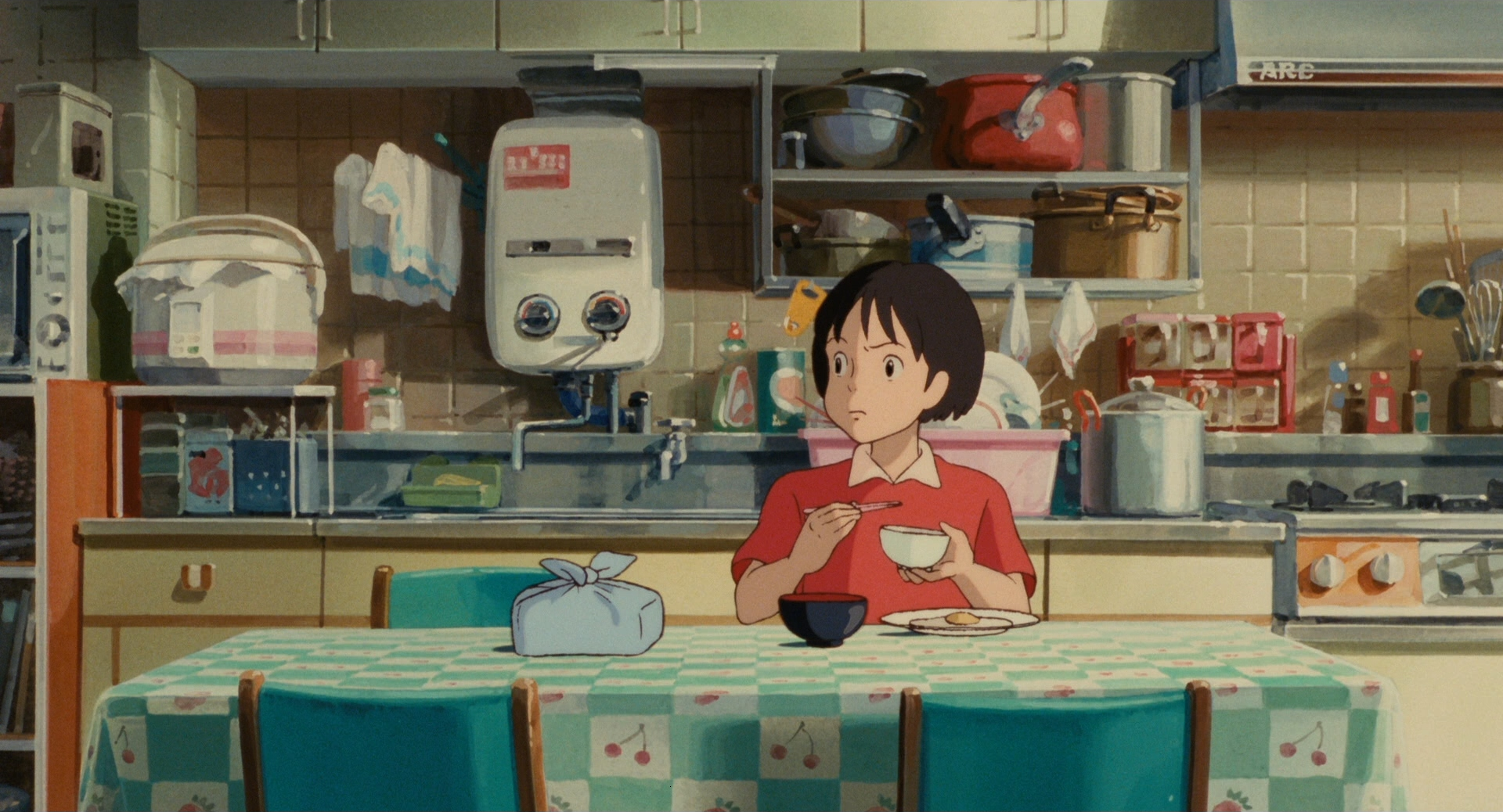 Anime kitchen scene with a girl eating HD Wallpaper