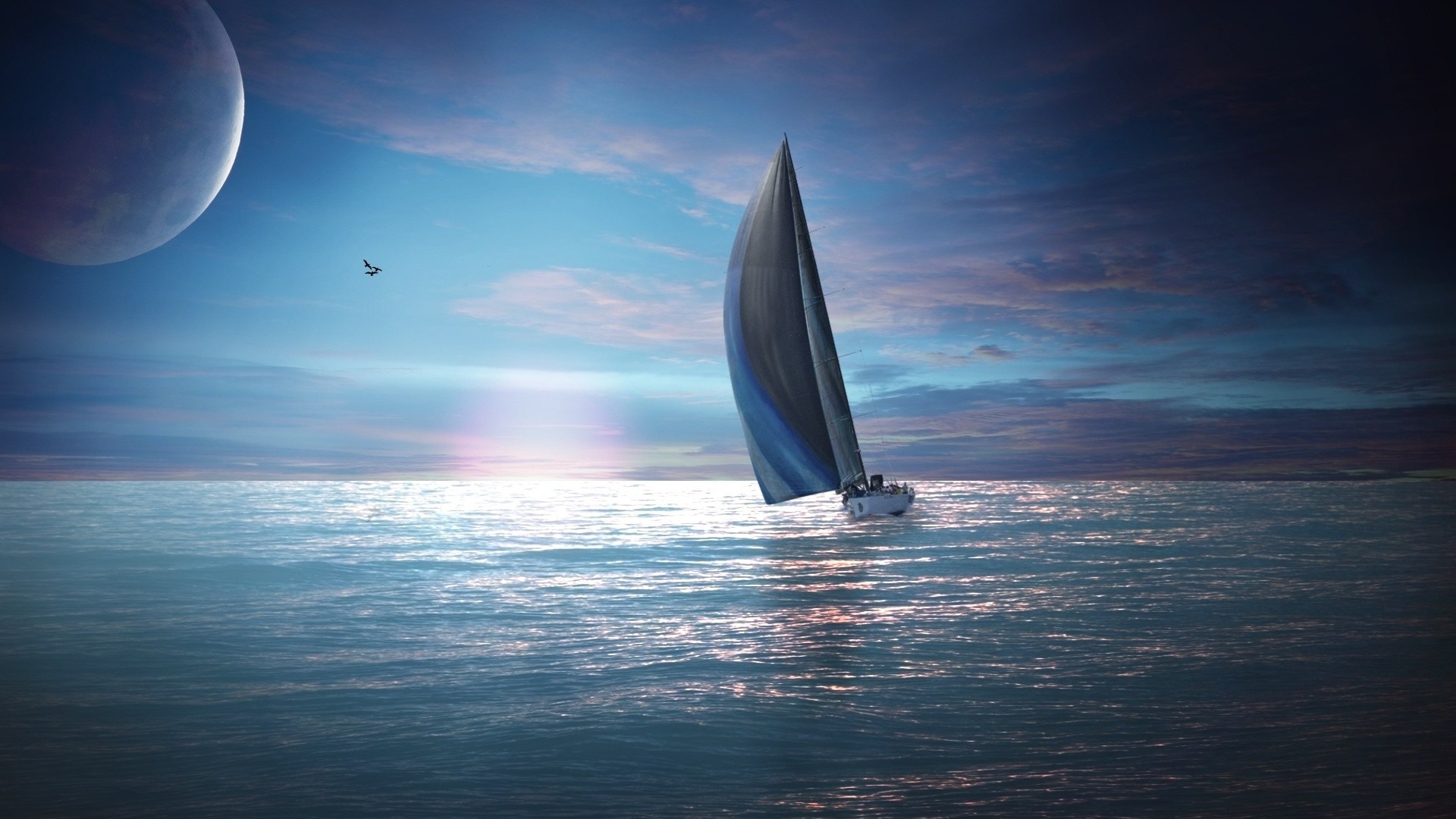 Sailboat on the ocean under a large moon HD Wallpaper