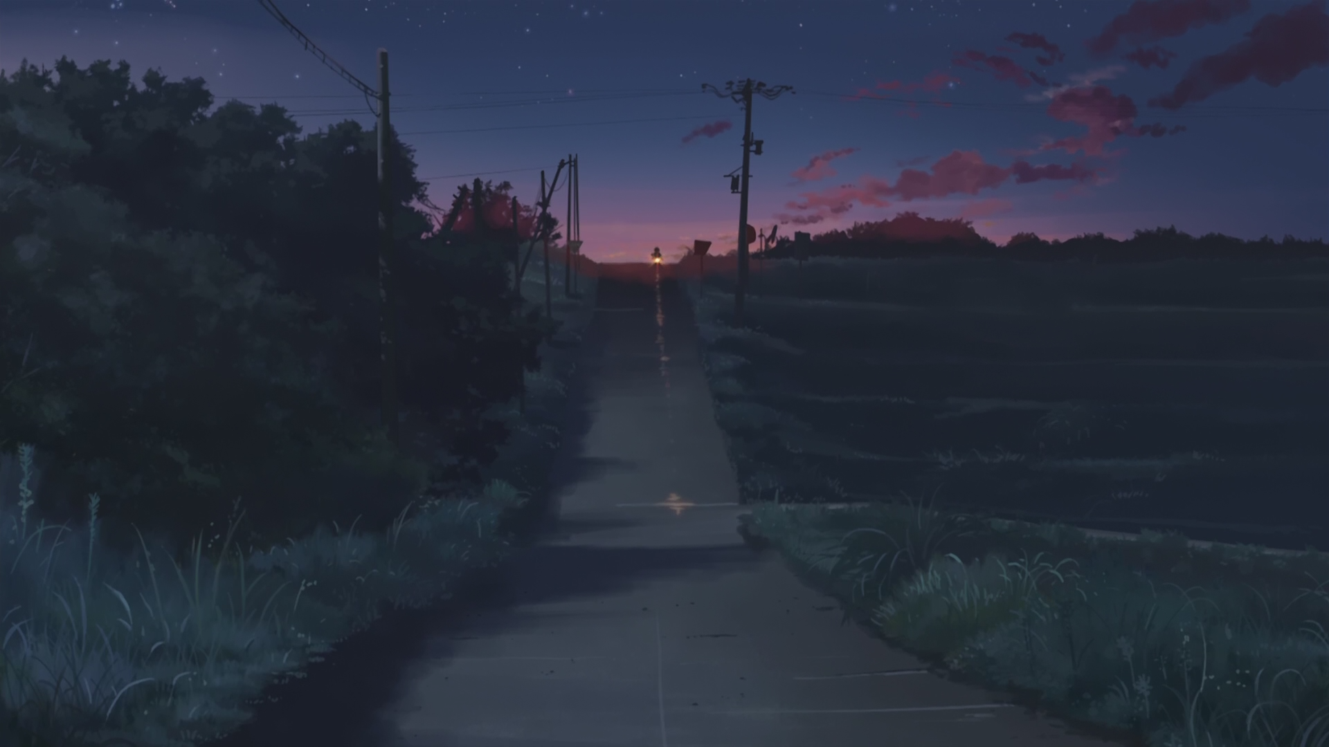 Anime road at dusk with distant light HD Wallpaper