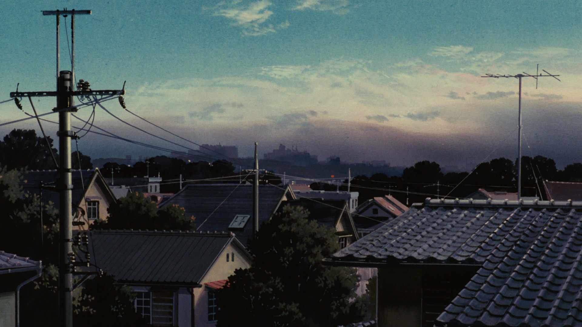 Anime cityscape with telephone poles and antennas at dusk HD Wallpaper