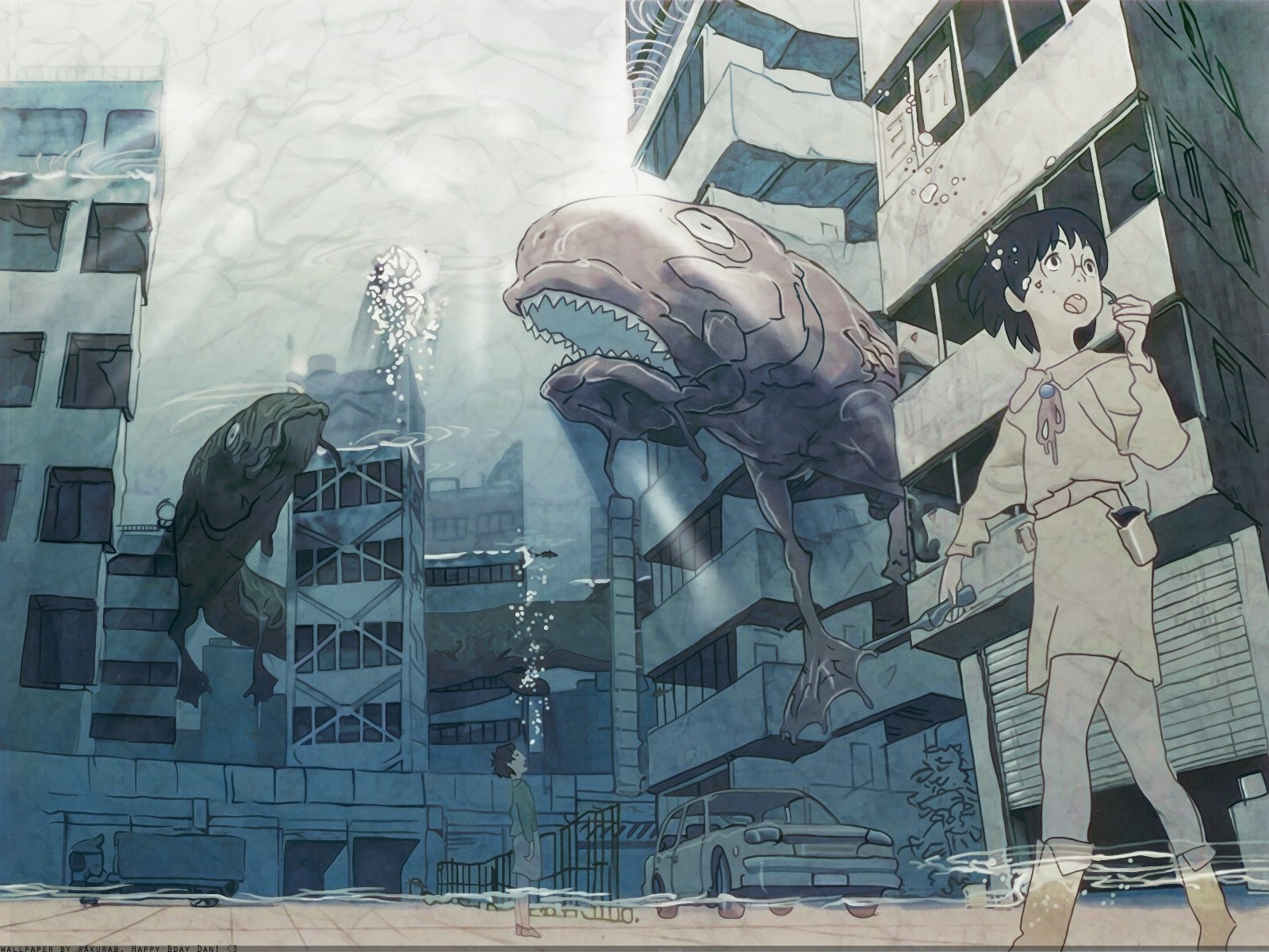 Anime mural of flooded city with giant fish and girl HD Wallpaper
