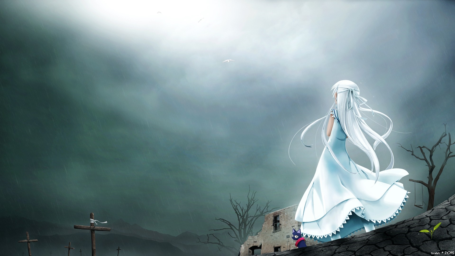 Anime girl in white dress with cat in desolate landscape HD Wallpaper