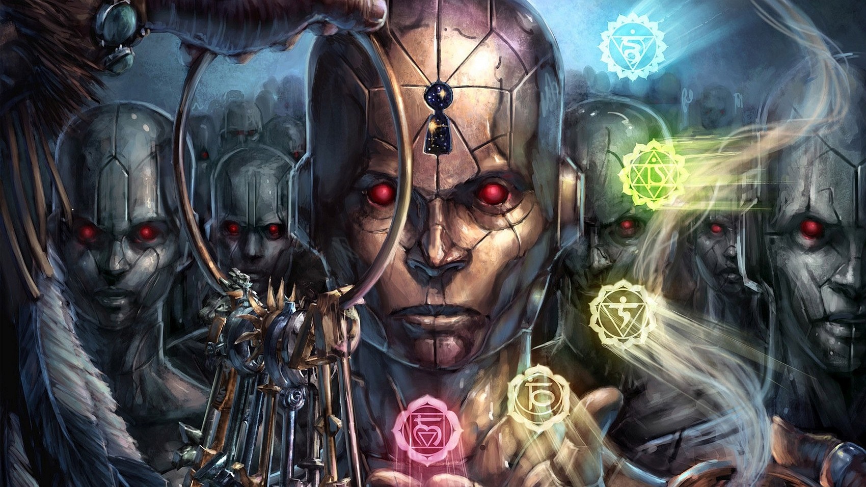 Fantasy art of androids with glowing chakras HD Wallpaper