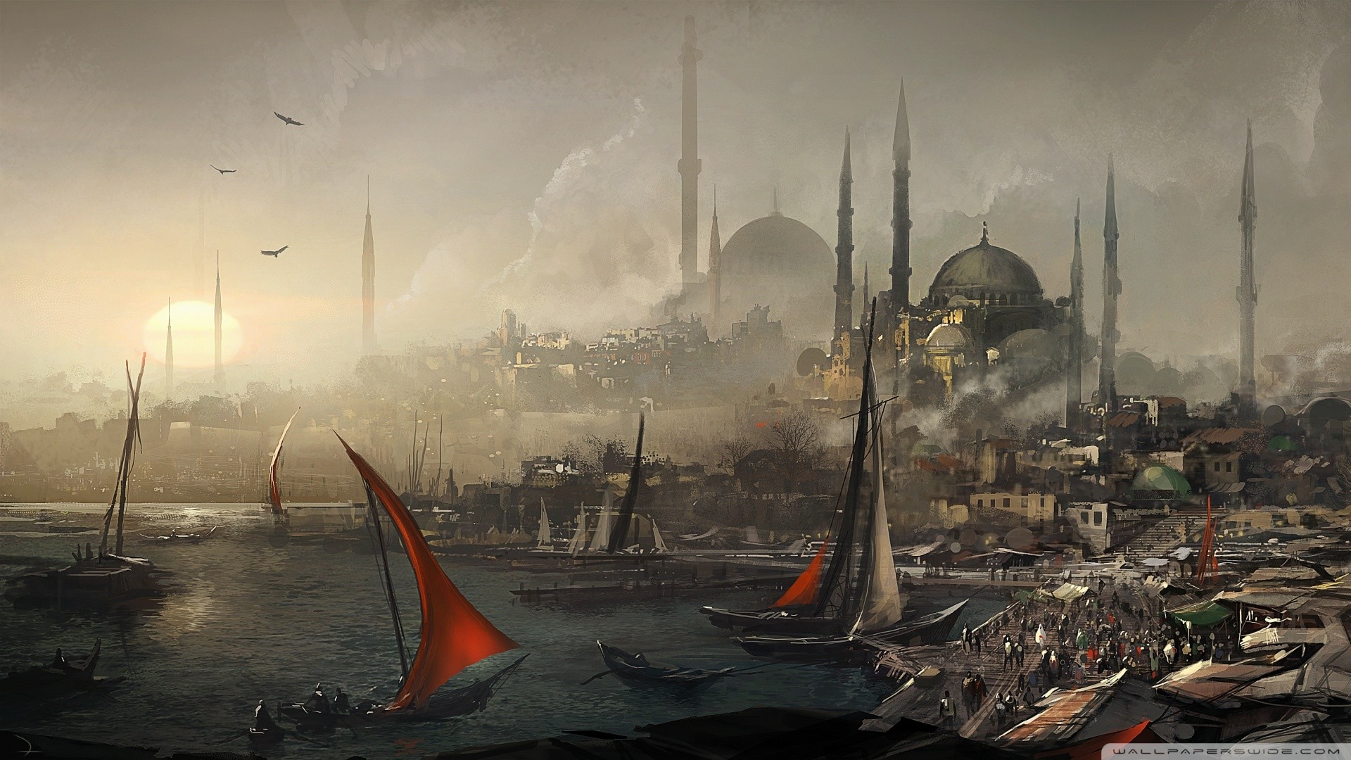 Boats in a foggy harbor with mosques and minarets HD Wallpaper