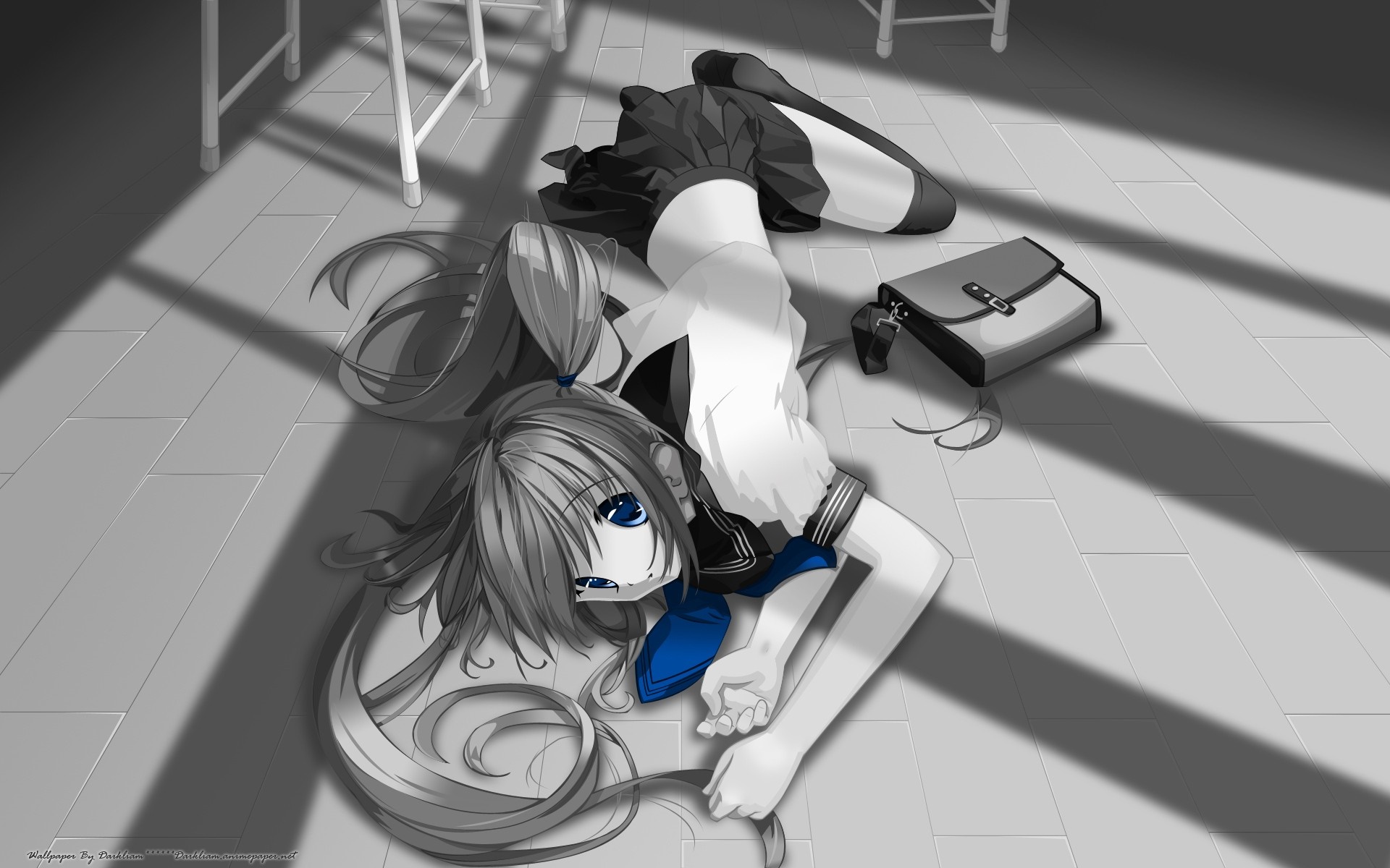 Anime girl in school uniform lying on floor HD Wallpaper