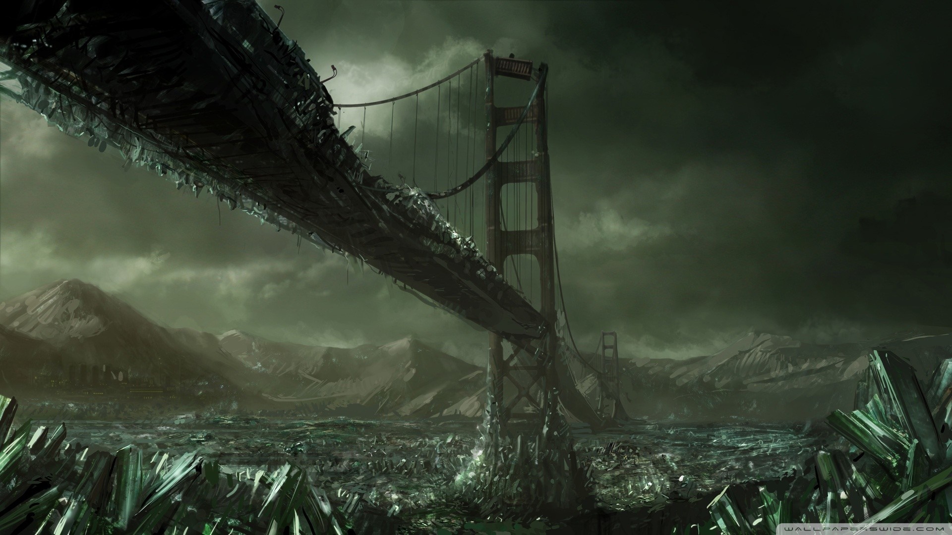 Destroyed Golden Gate Bridge in a post-apocalyptic landscape HD Wallpaper