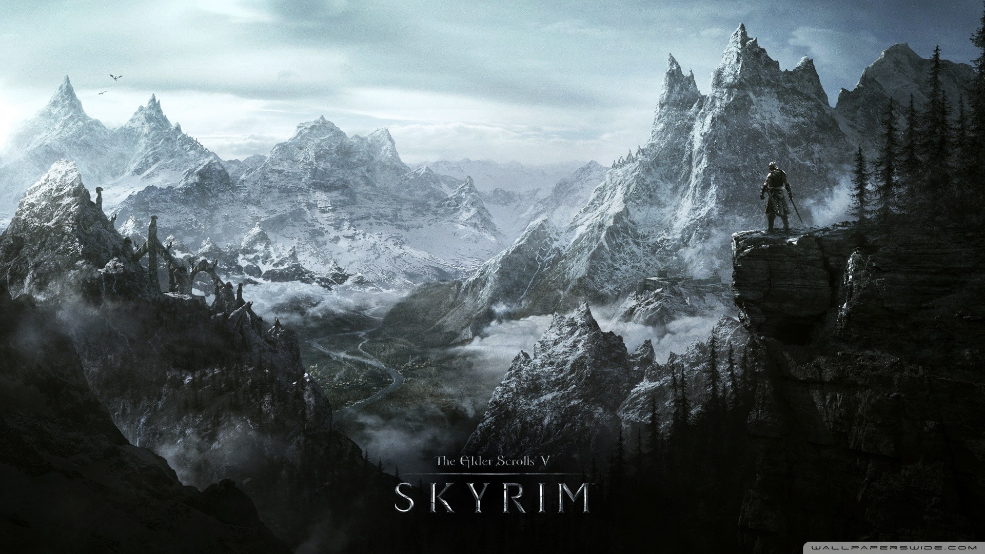 The Elder Scrolls V Skyrim landscape with mountains and a warrior HD Wallpaper