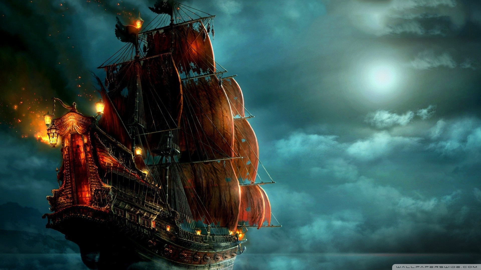 Ghost ship sailing under a full moon HD Wallpaper