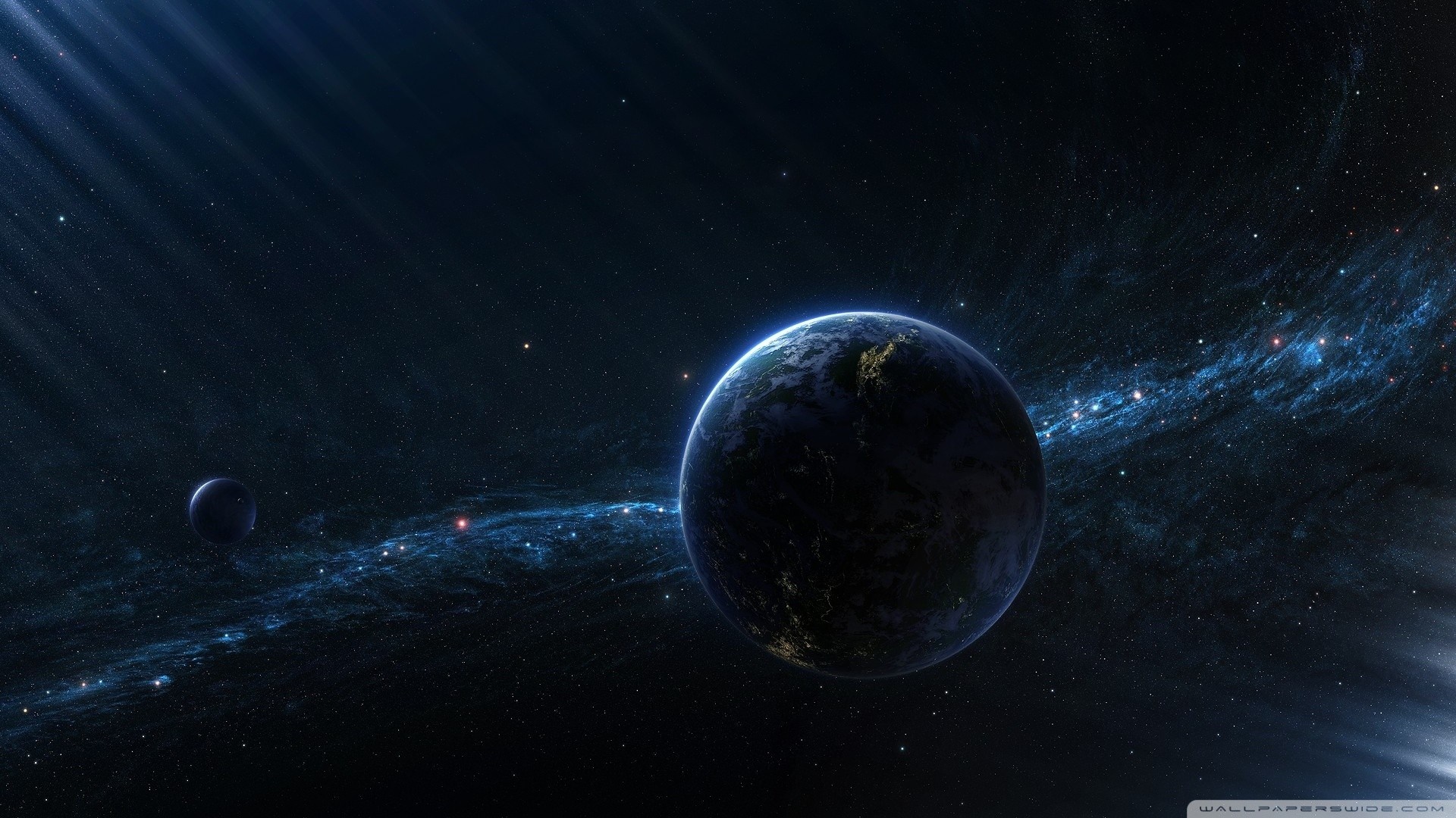 Planet and moon in outer space with nebula HD Wallpaper