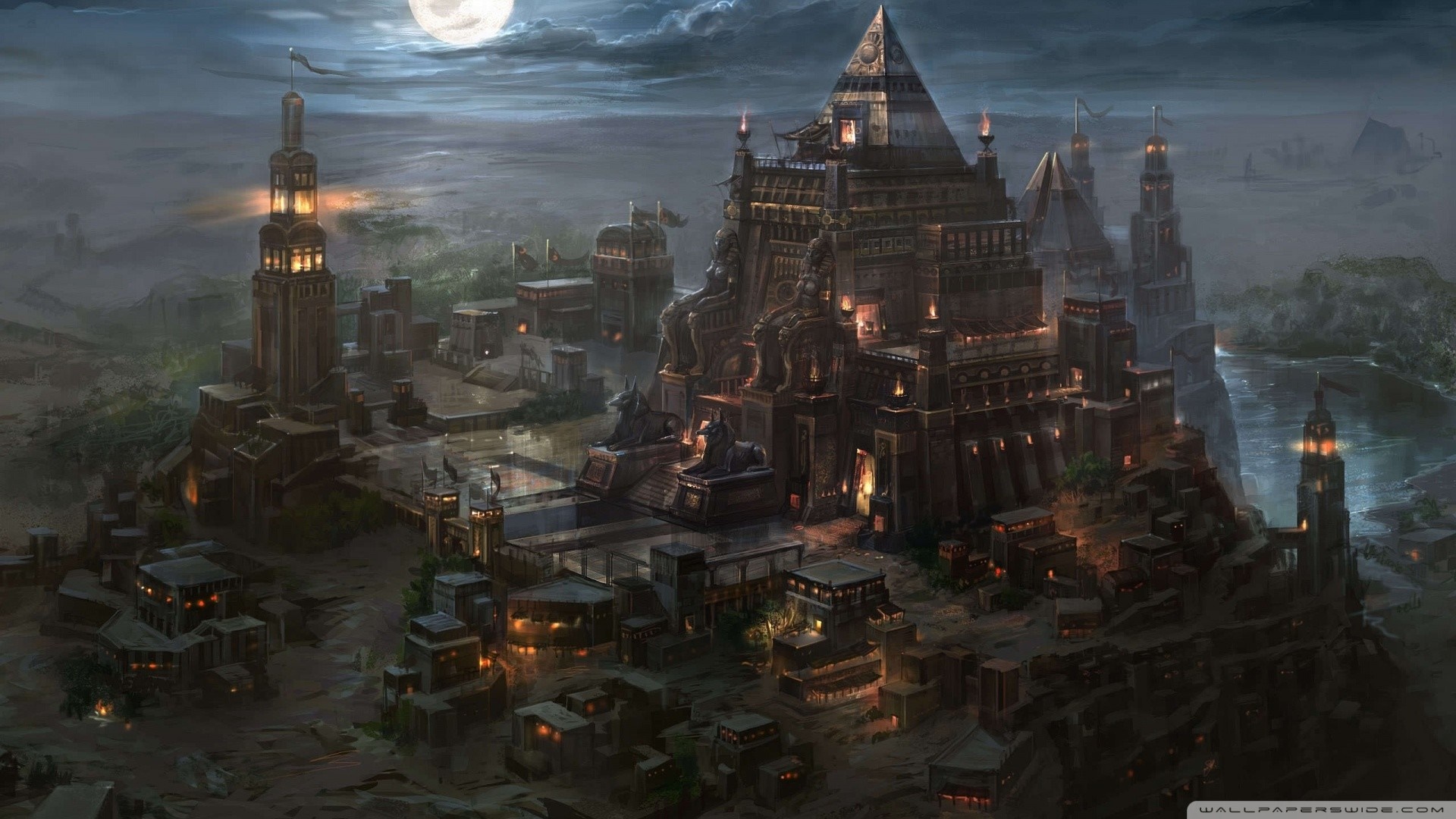 Fantasy city with pyramids and towers at night HD Wallpaper
