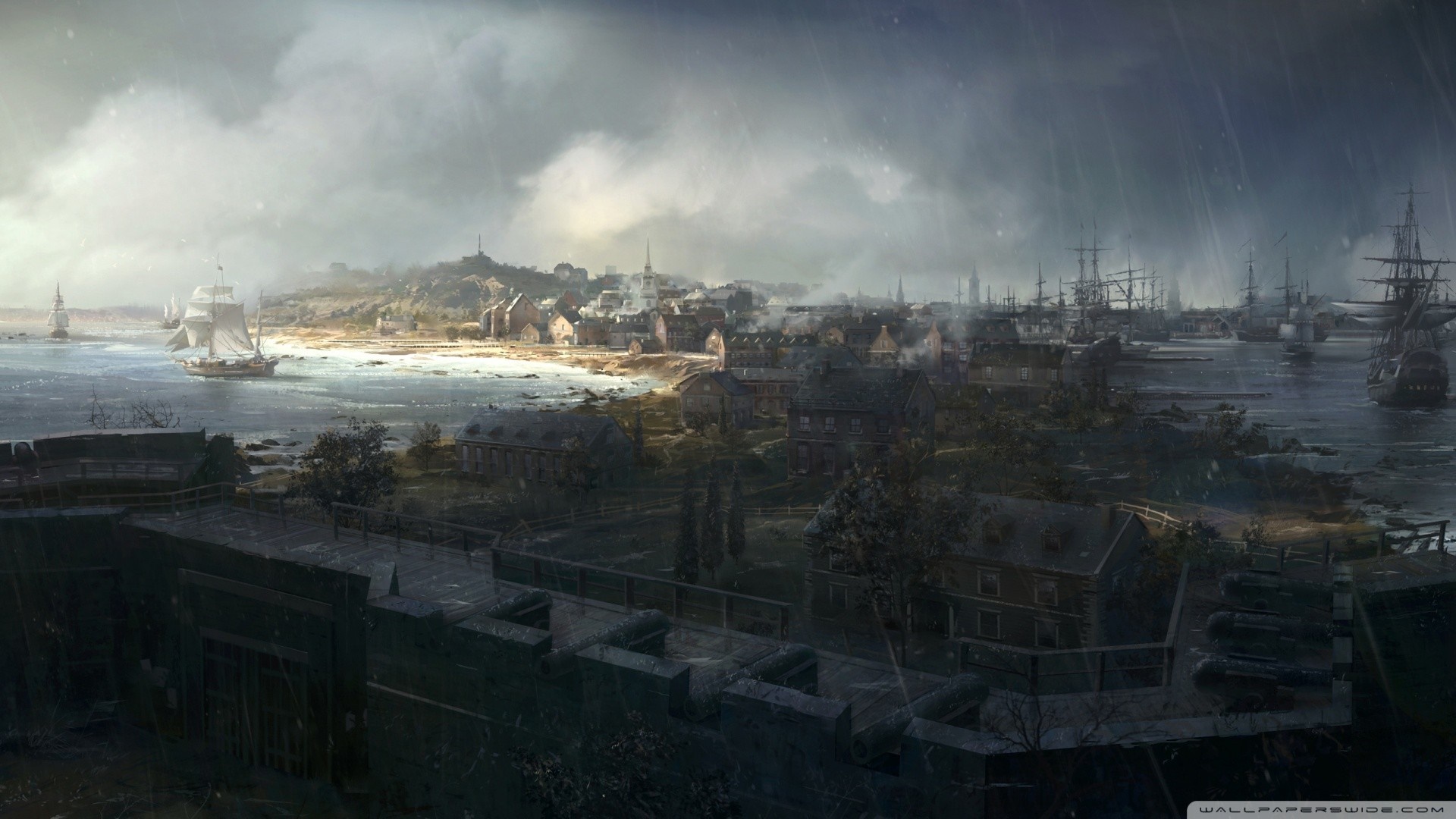 Sailing ships in a harbor during a storm HD Wallpaper