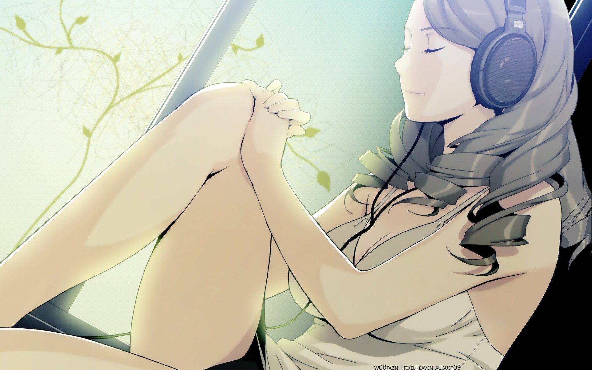 Anime girl with headphones listening to music HD Wallpaper