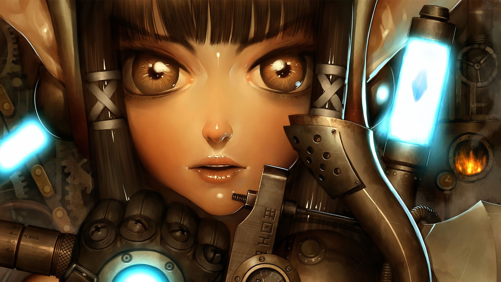 Anime girl with steampunk mechanical arm HD Wallpaper