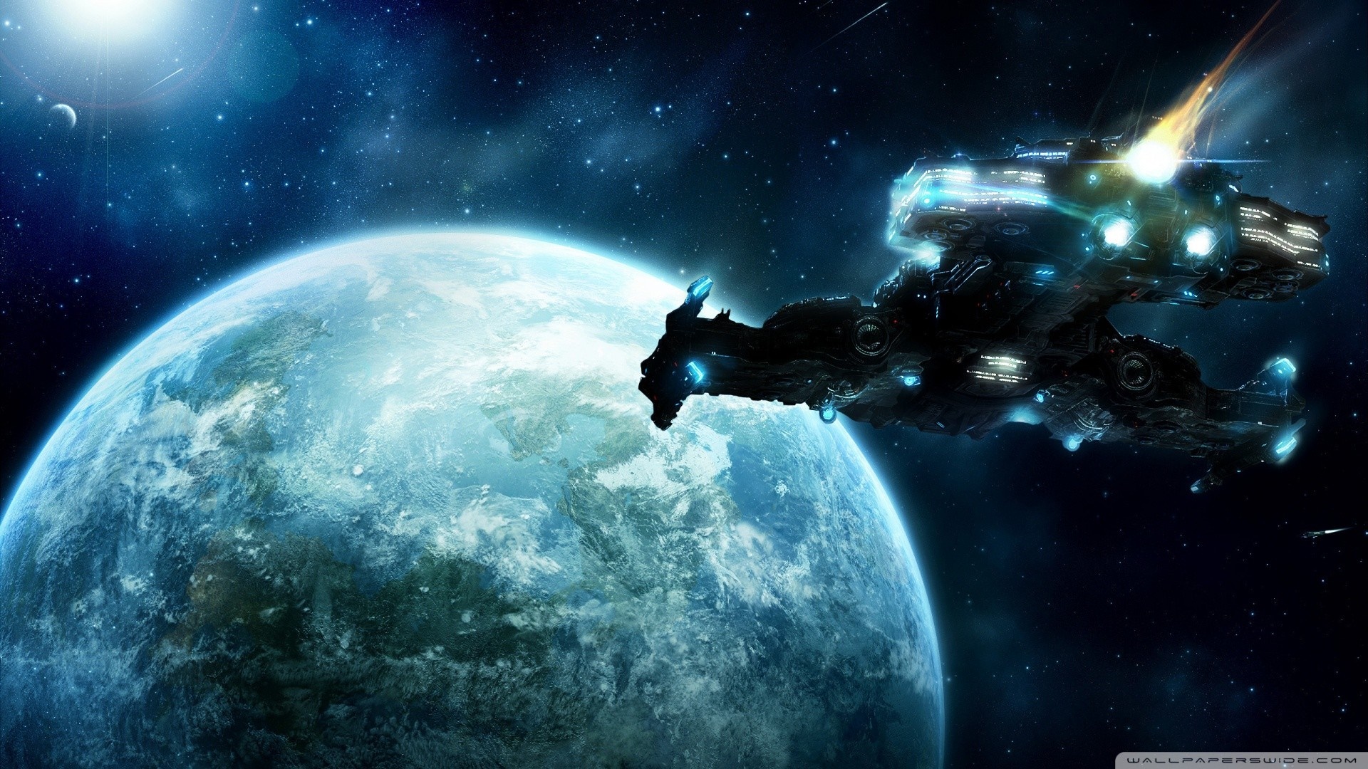 Starcraft II spaceship near a planet HD Wallpaper