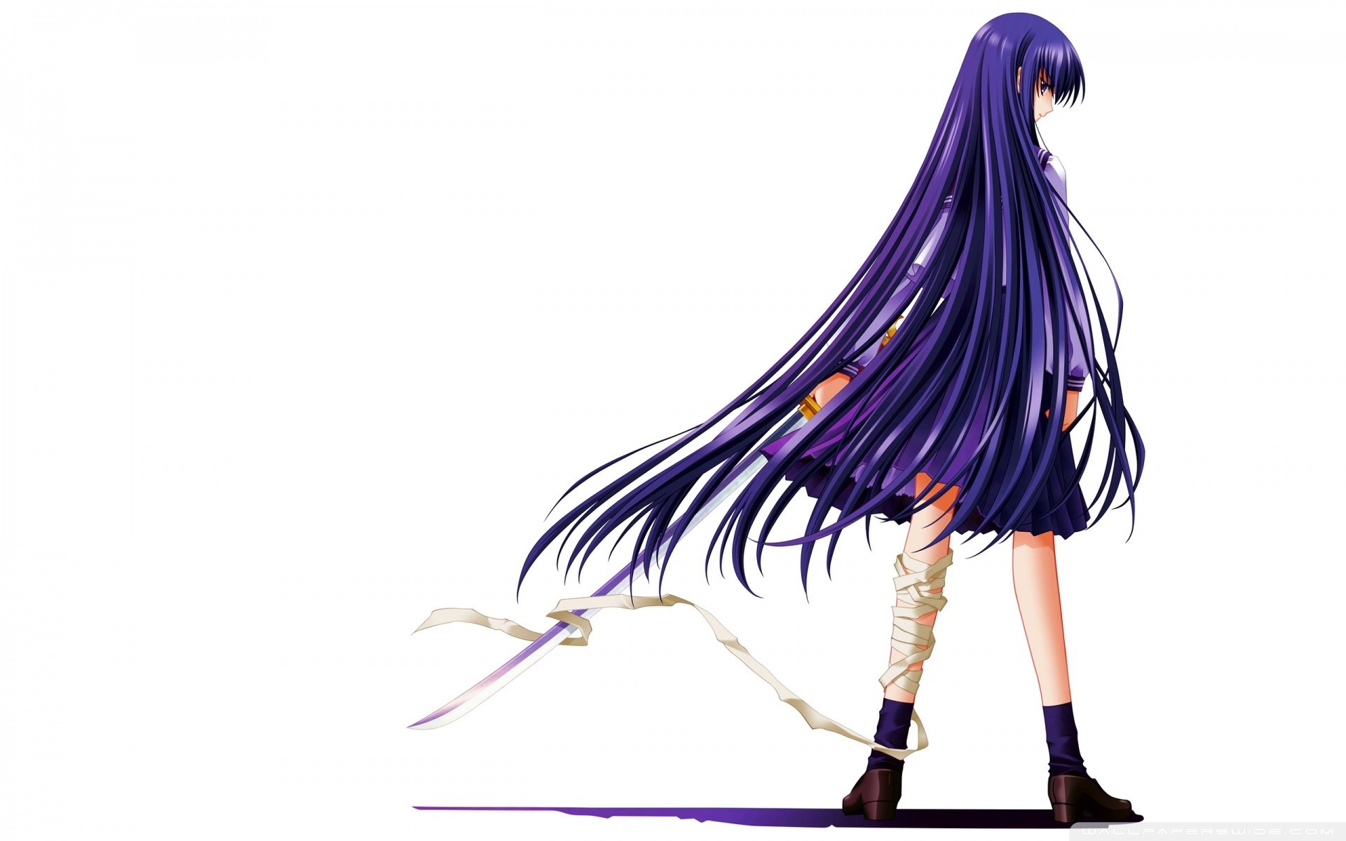 Anime girl with long purple hair and sword HD Wallpaper