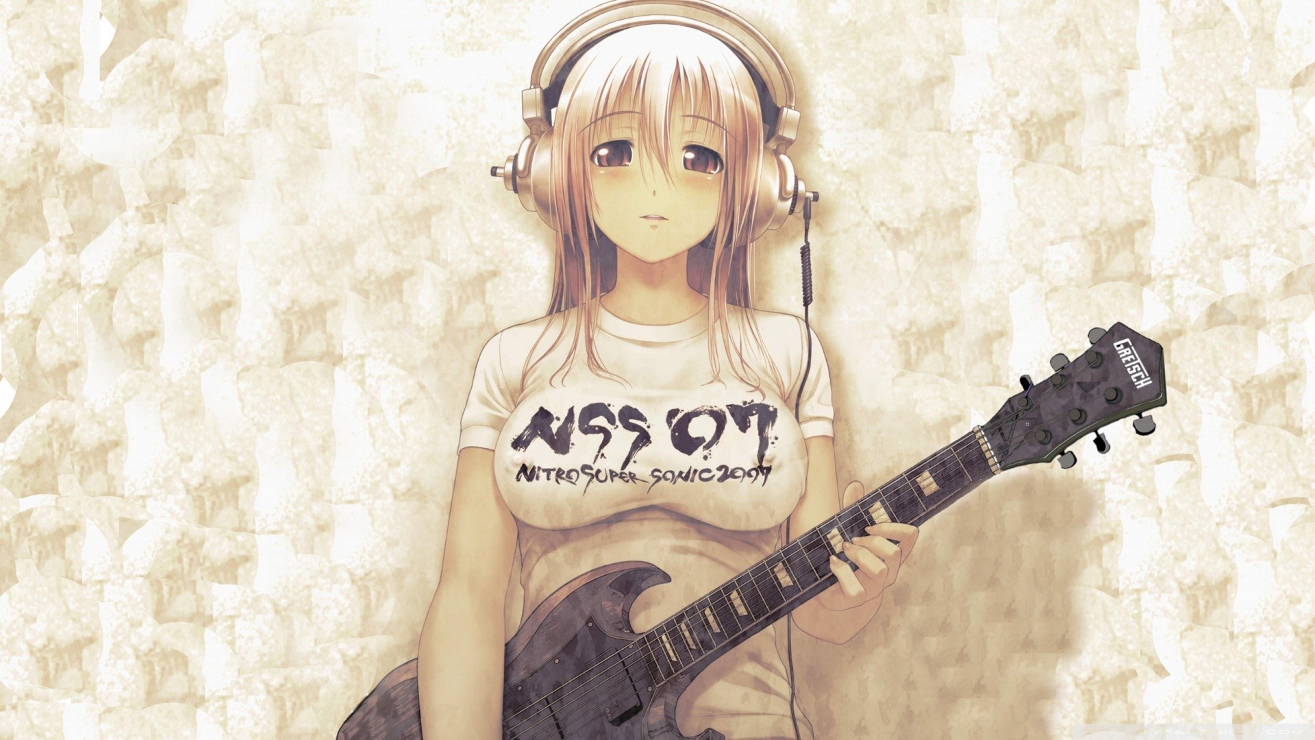Anime girl with headphones playing a Gretsch guitar HD Wallpaper