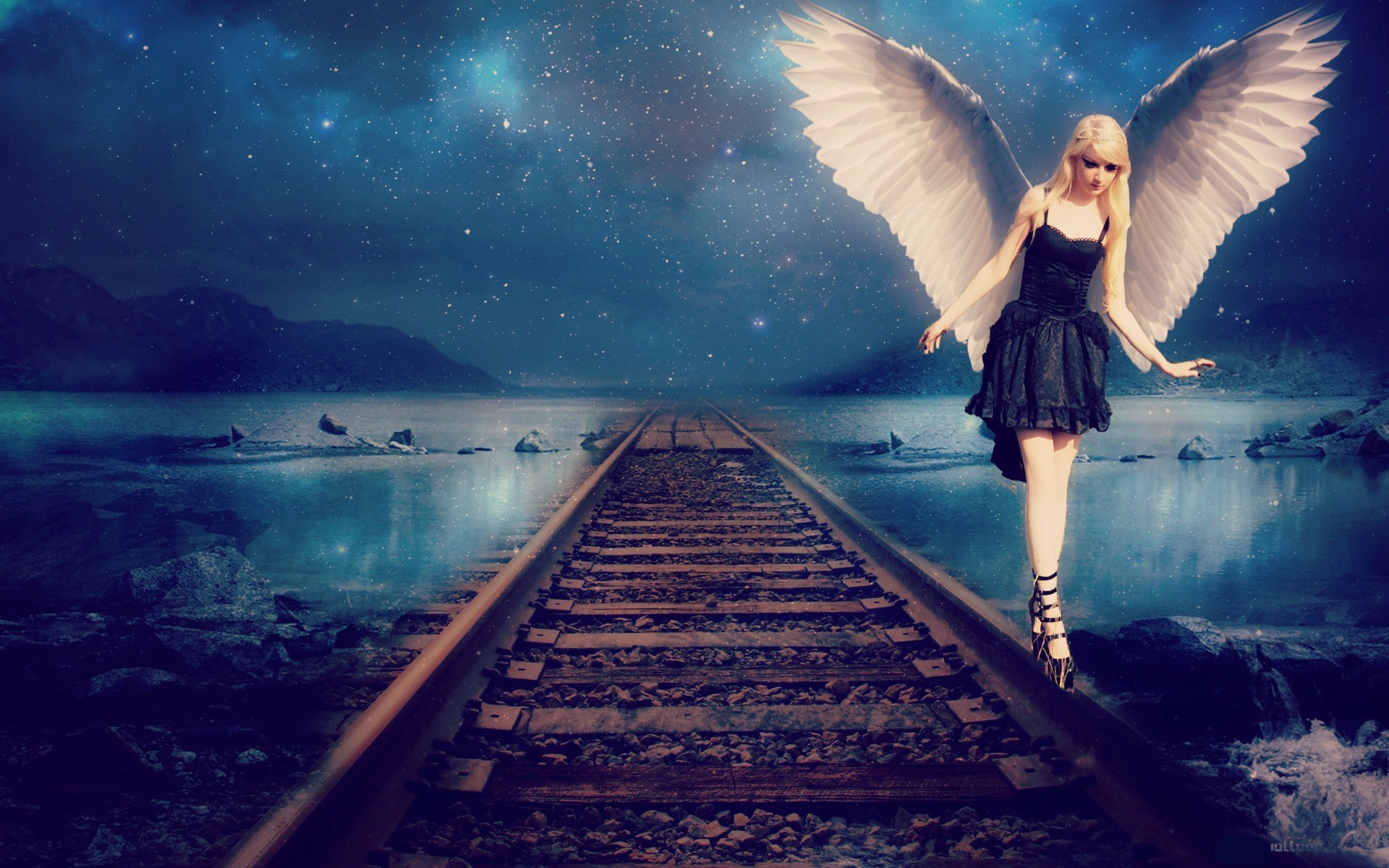 Angel girl on train tracks under starry sky HD Wallpaper